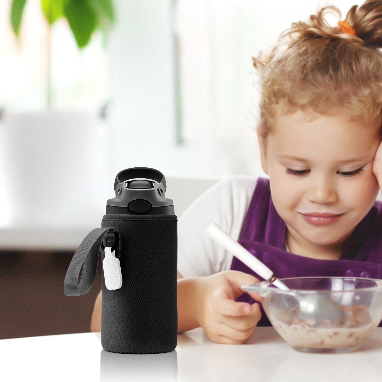 Linkidea Water Bottle Sleeve Compatible with Contigo Aubrey Tritan 14oz, Steel 13oz Kids Bottle, Waterbottle Holder Bag with Name Tag, Black - 8CQ5