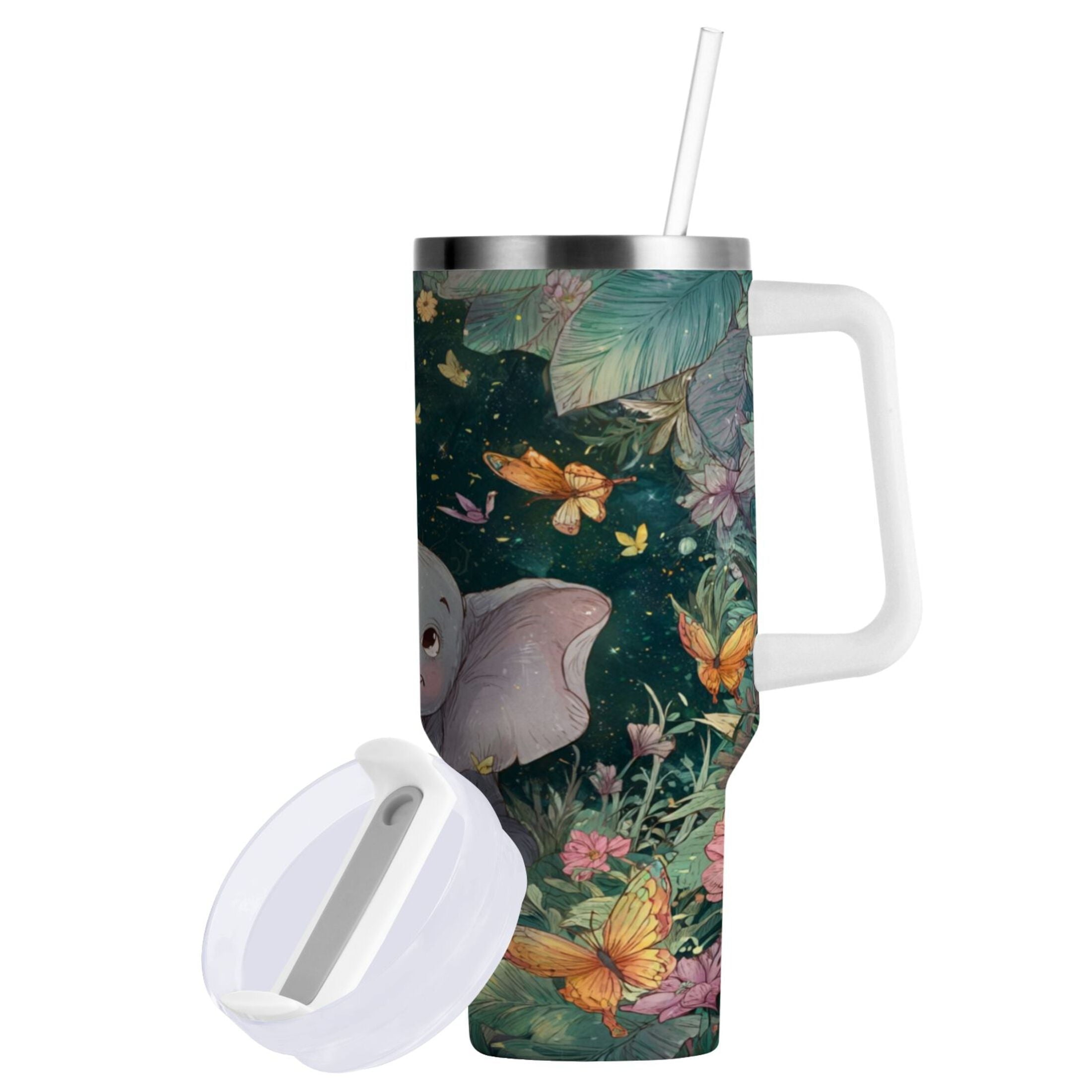 40 oz Insulated Stainless Steel Tumbler Double Wall Stainless Steel Tumbler with 2-Way Drinking Cute Elephant - Q9R9