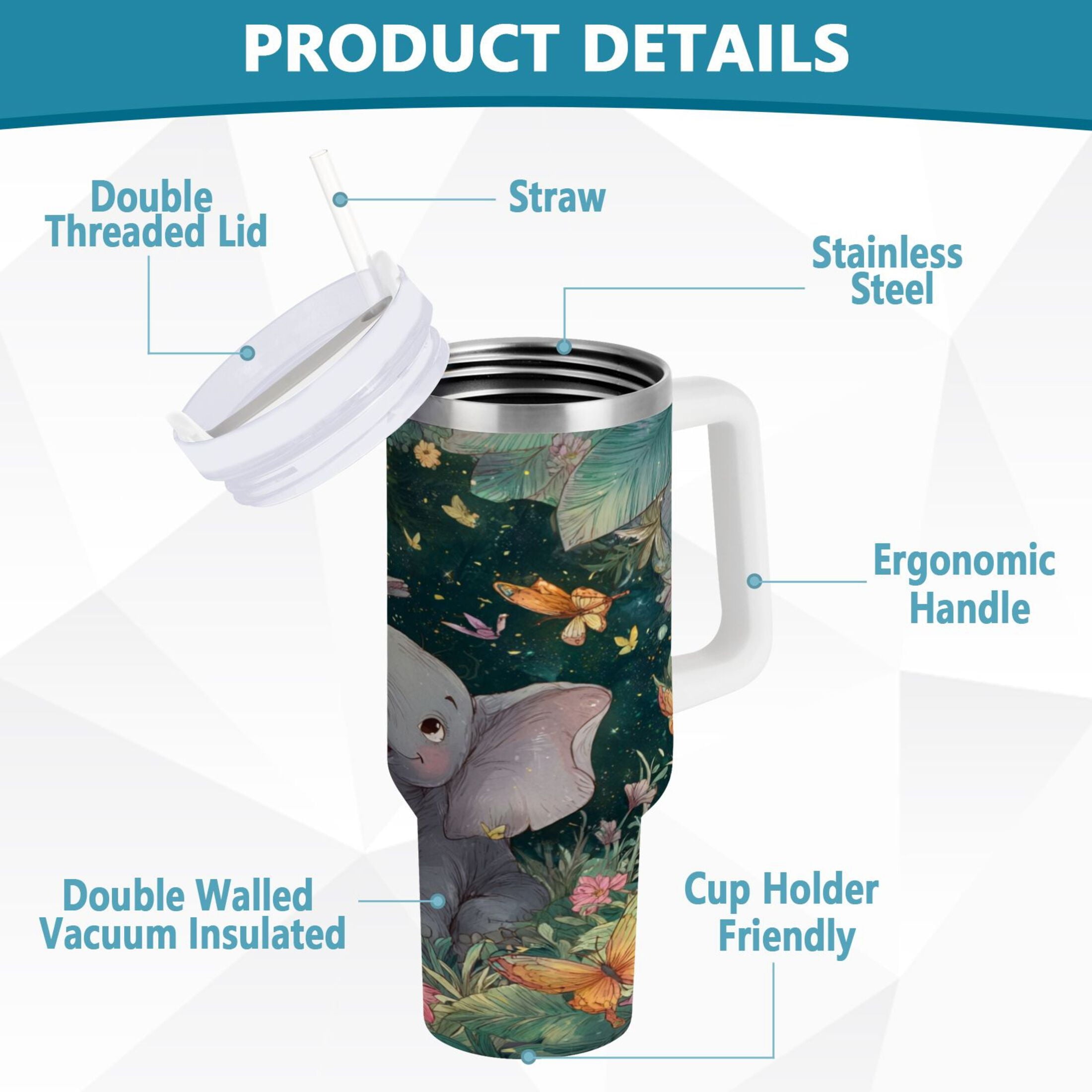 40 oz Insulated Stainless Steel Tumbler Double Wall Stainless Steel Tumbler with 2-Way Drinking Cute Elephant - Q9R9