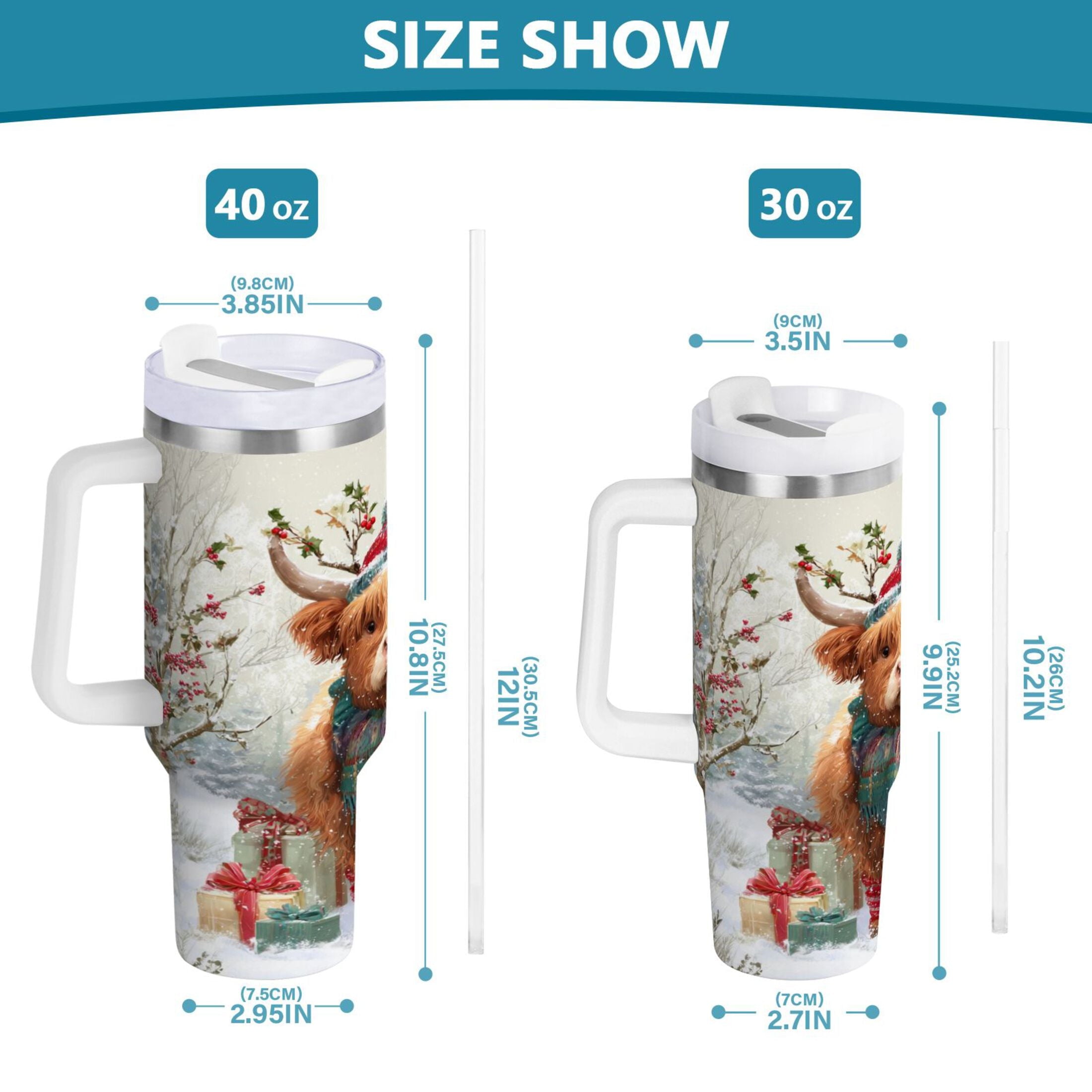 30 oz Insulated Stainless Steel Tumbler Double Wall Stainless Steel Tumbler with 2-Way Drinking Cow Wearing Christmas Hat - W546