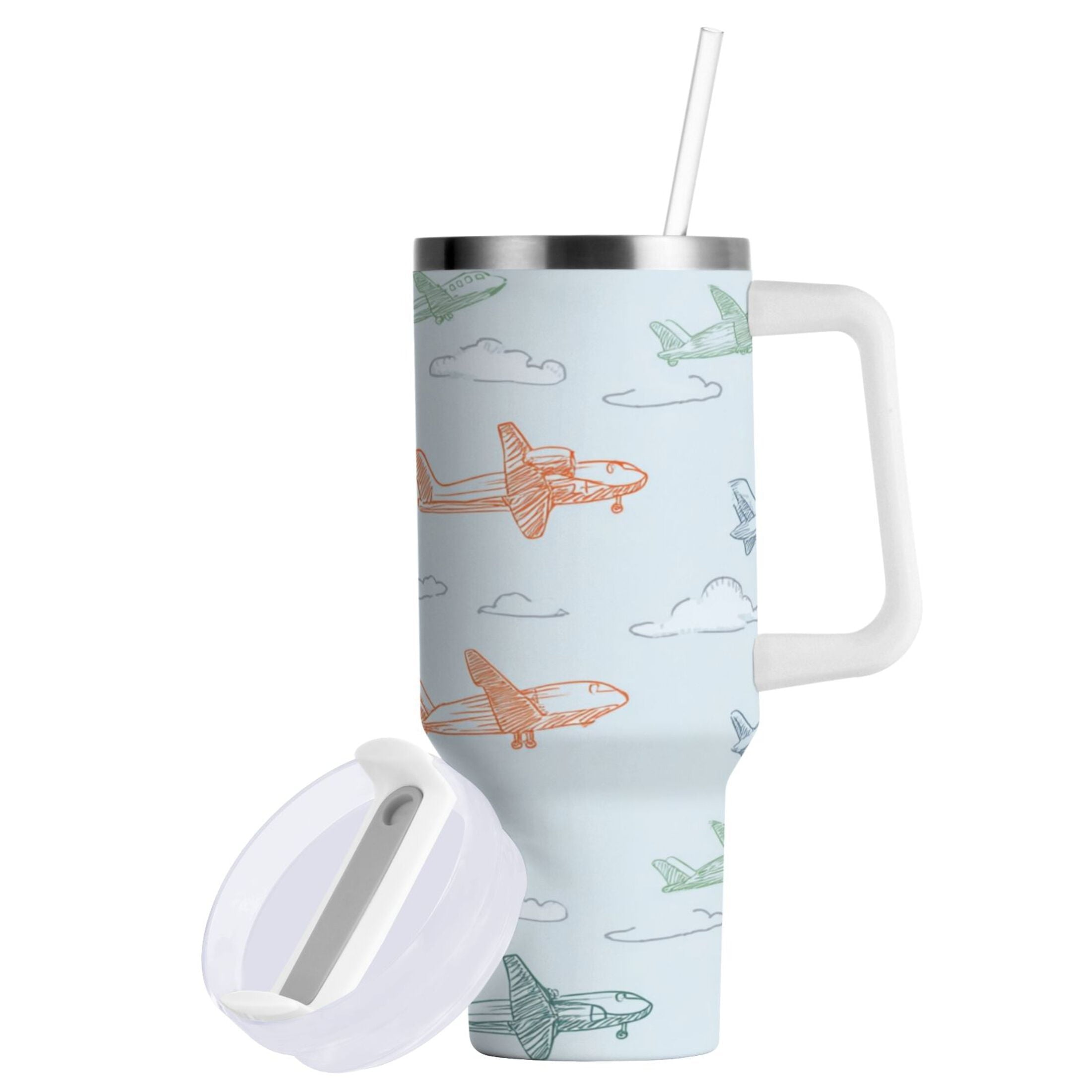 30 oz Insulated Stainless Steel Tumbler Double Wall Stainless Steel Tumbler with 2-Way Drinking Pastel Doodle Airplanes - BTKD