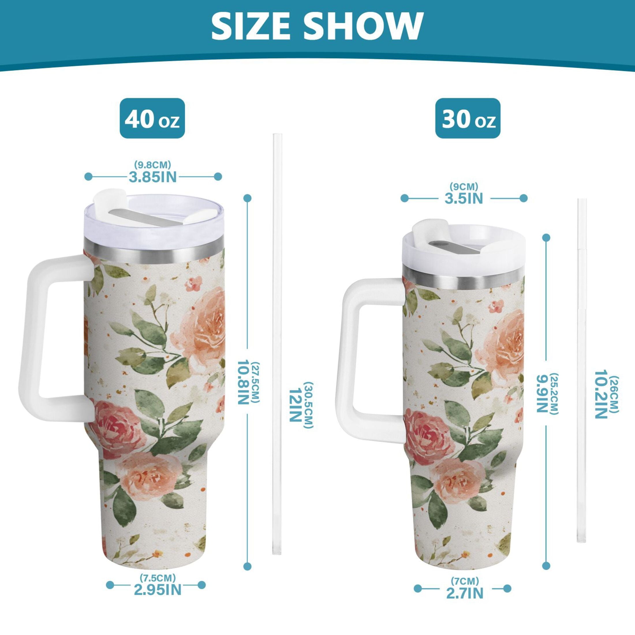 40 oz Insulated Stainless Steel Tumbler Double Wall Stainless Steel Tumbler with 2-Way Drinking Watercolor Rose Floral Pattern - 7Y19