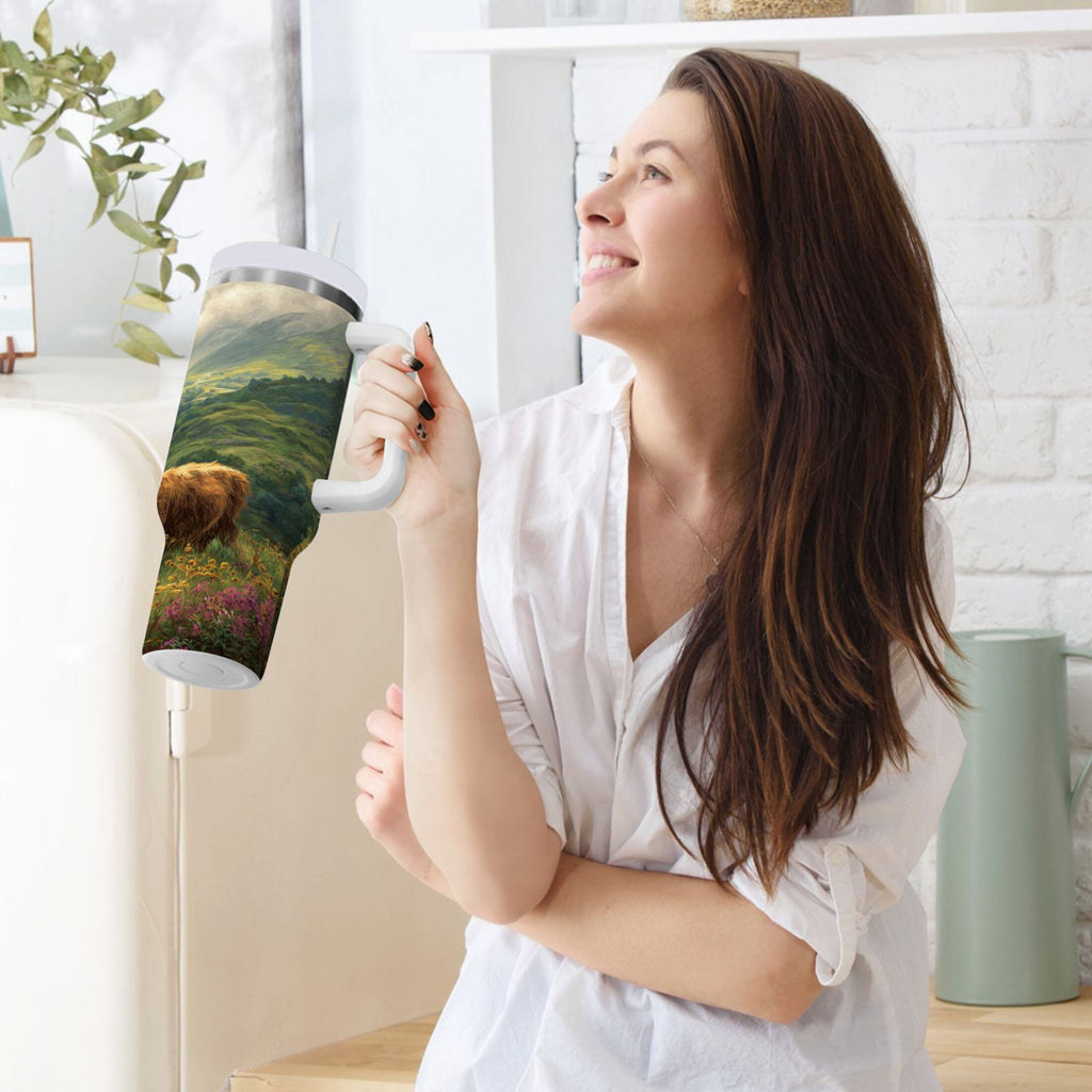 30 oz Insulated Stainless Steel Tumbler Double Wall Stainless Steel Tumbler with 2-Way Drinking Cow in Green Rolling Hills - W34T