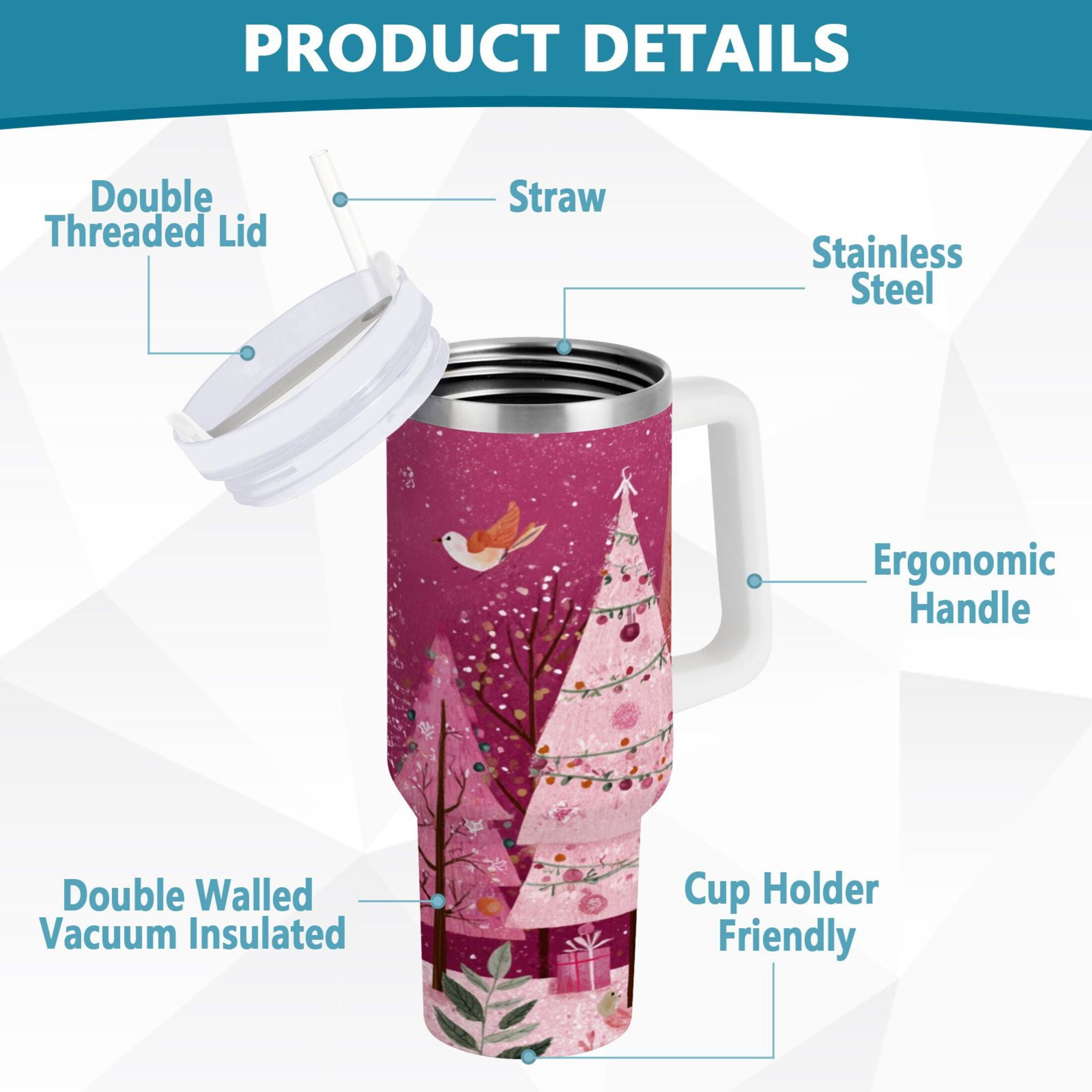 40 oz Insulated Stainless Steel Tumbler Double Wall Stainless Steel Tumbler with 2-Way Drinking Pink Christmas Forest - 2F90