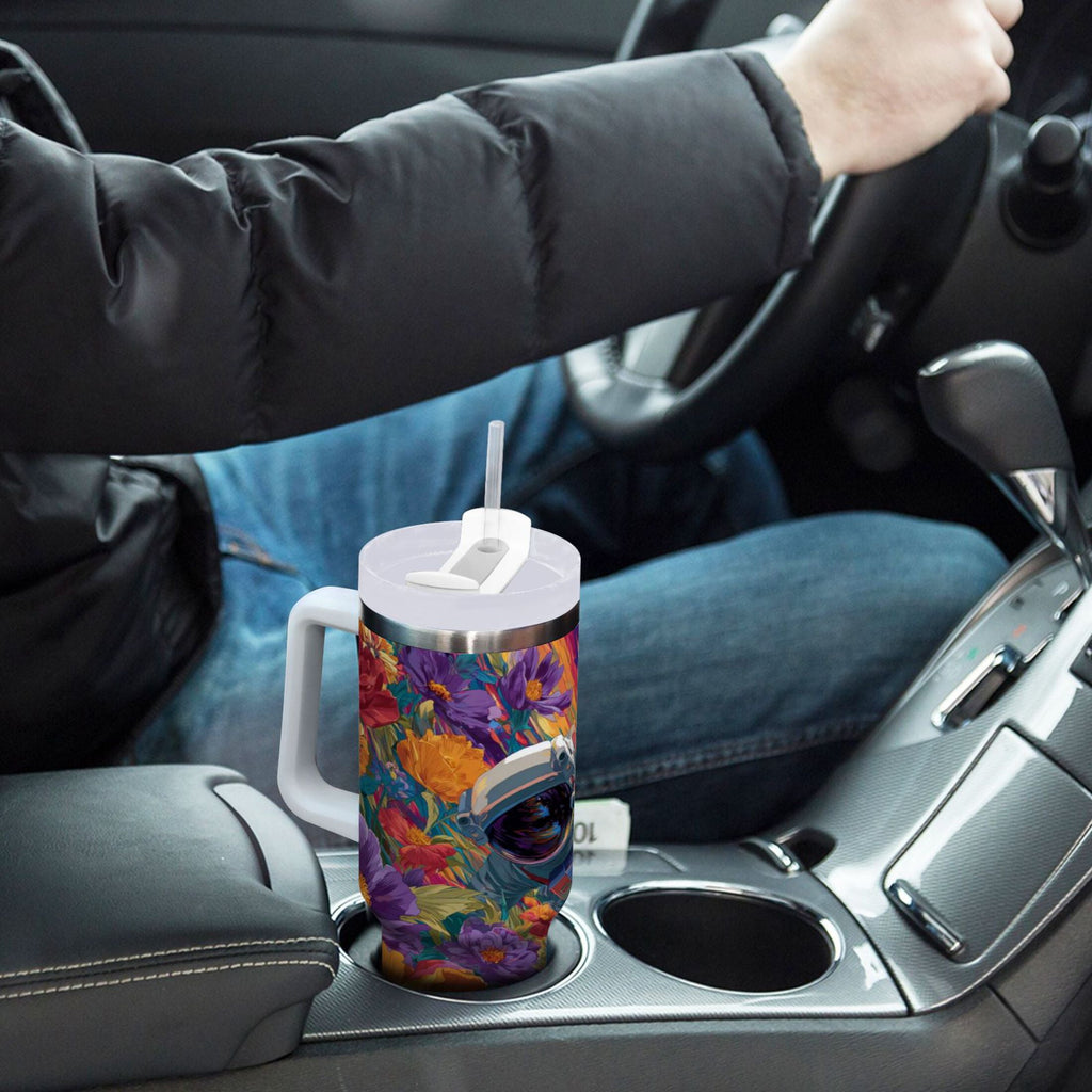 40 oz Insulated Stainless Steel Tumbler Double Wall Stainless Steel Tumbler with 2-Way Drinking Colorful Flowers and Planets - 1UM4
