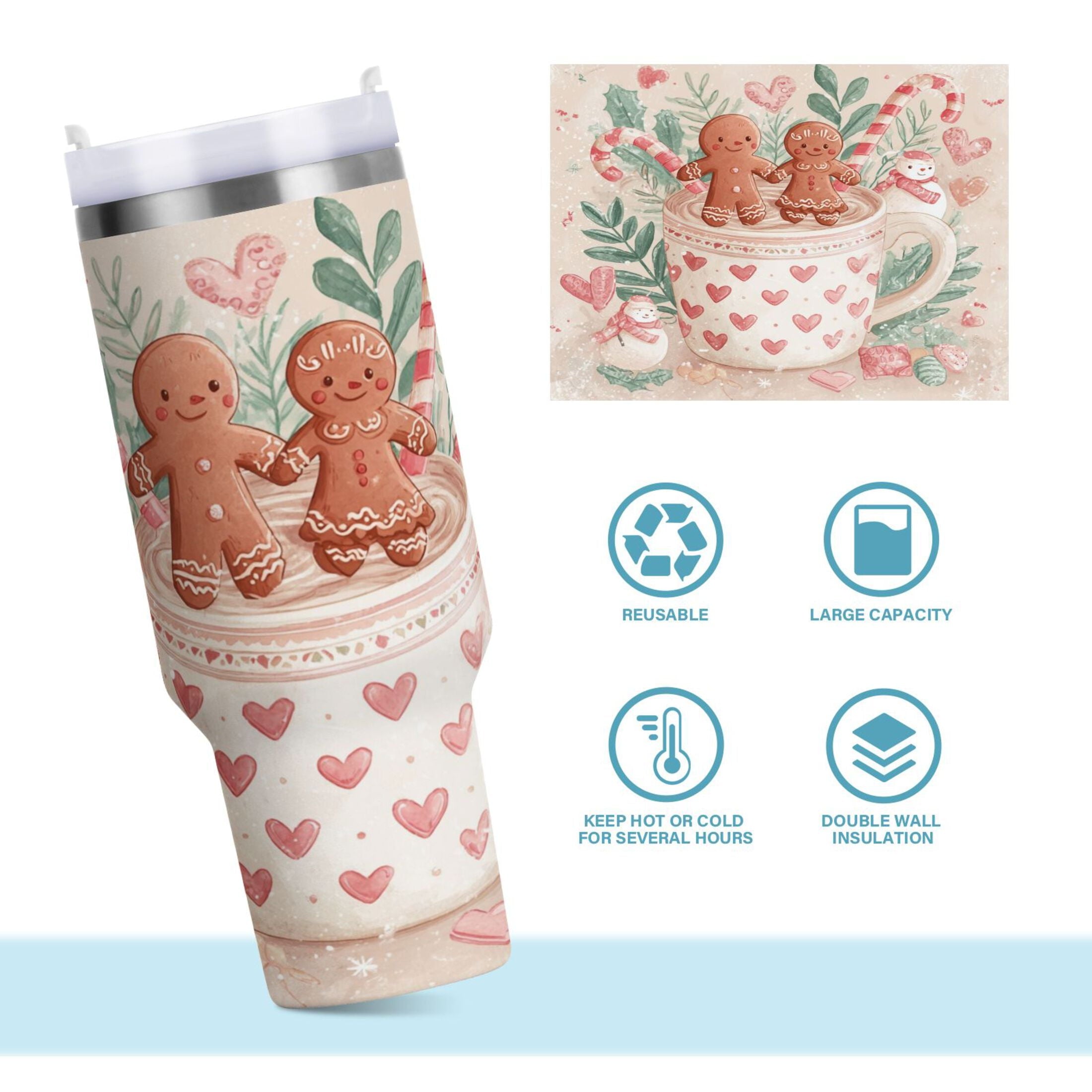 30 oz Insulated Stainless Steel Tumbler Double Wall Stainless Steel Tumbler with 2-Way Drinking Cute Christmas Design - H7L4