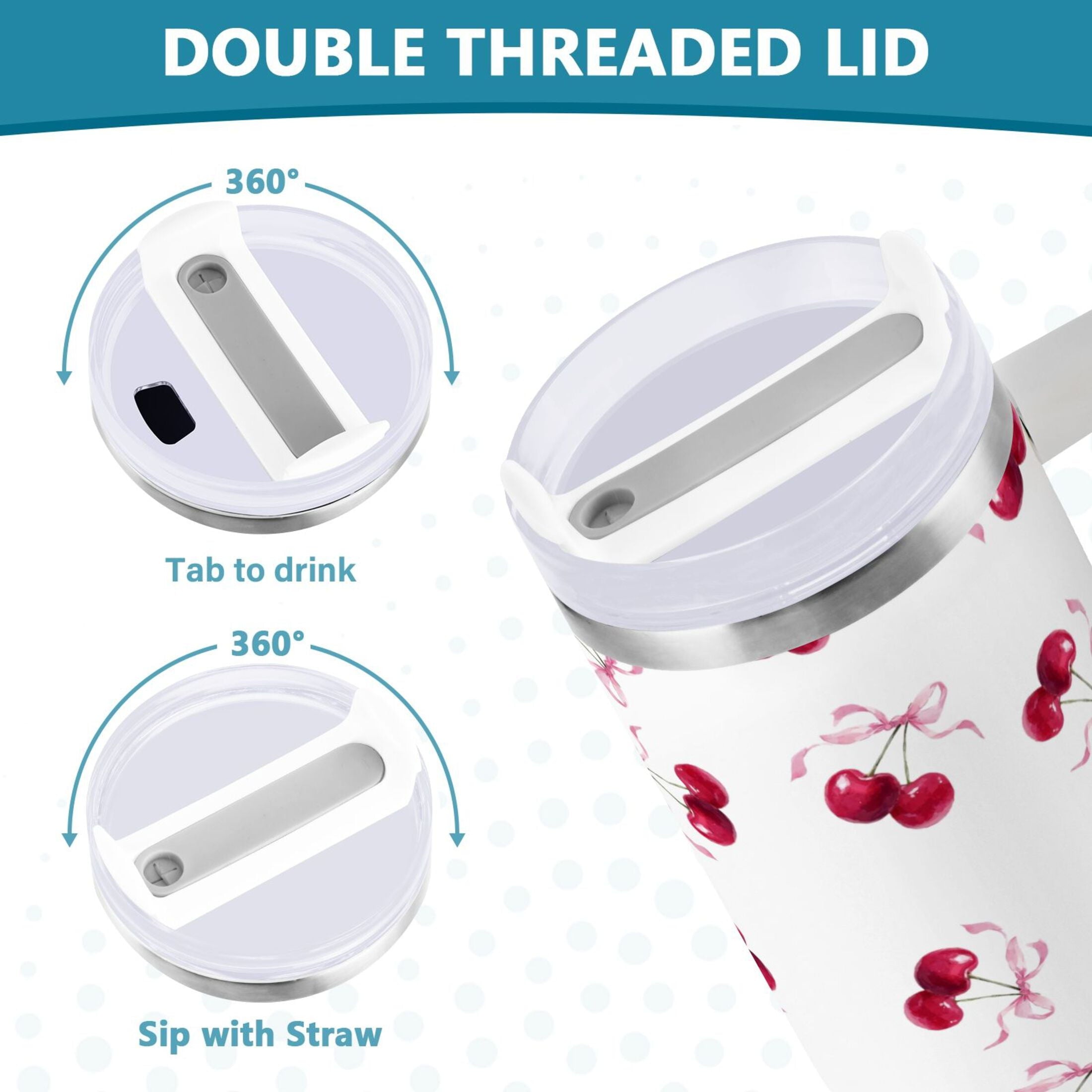 30 oz Insulated Stainless Steel Tumbler Double Wall Stainless Steel Tumbler with 2-Way Drinking Watercolor Cherries Pattern - DDDW