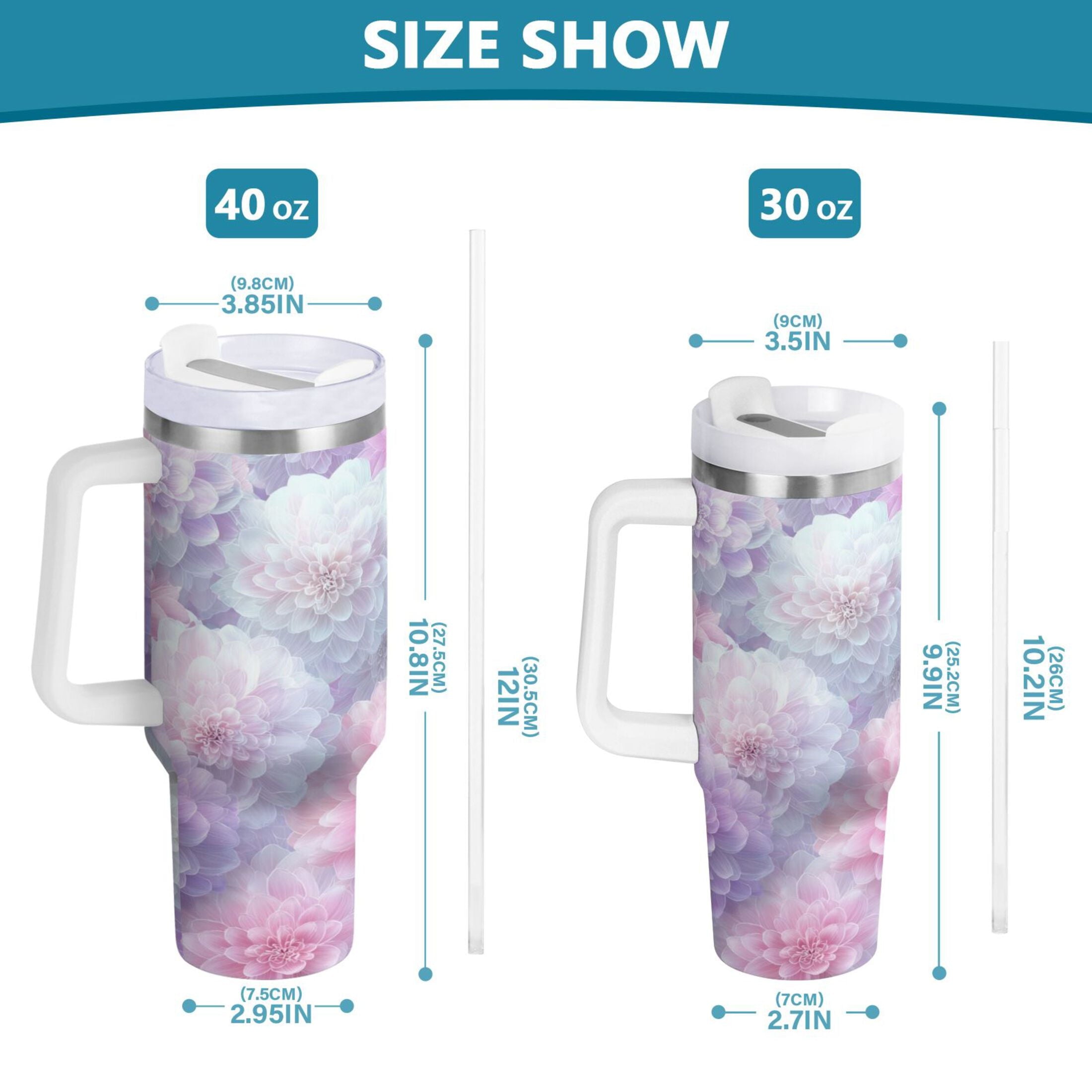 30 oz Insulated Stainless Steel Tumbler Double Wall Stainless Steel Tumbler with 2-Way Drinking Cute Pastel Watercolor Floral - 3IDJ