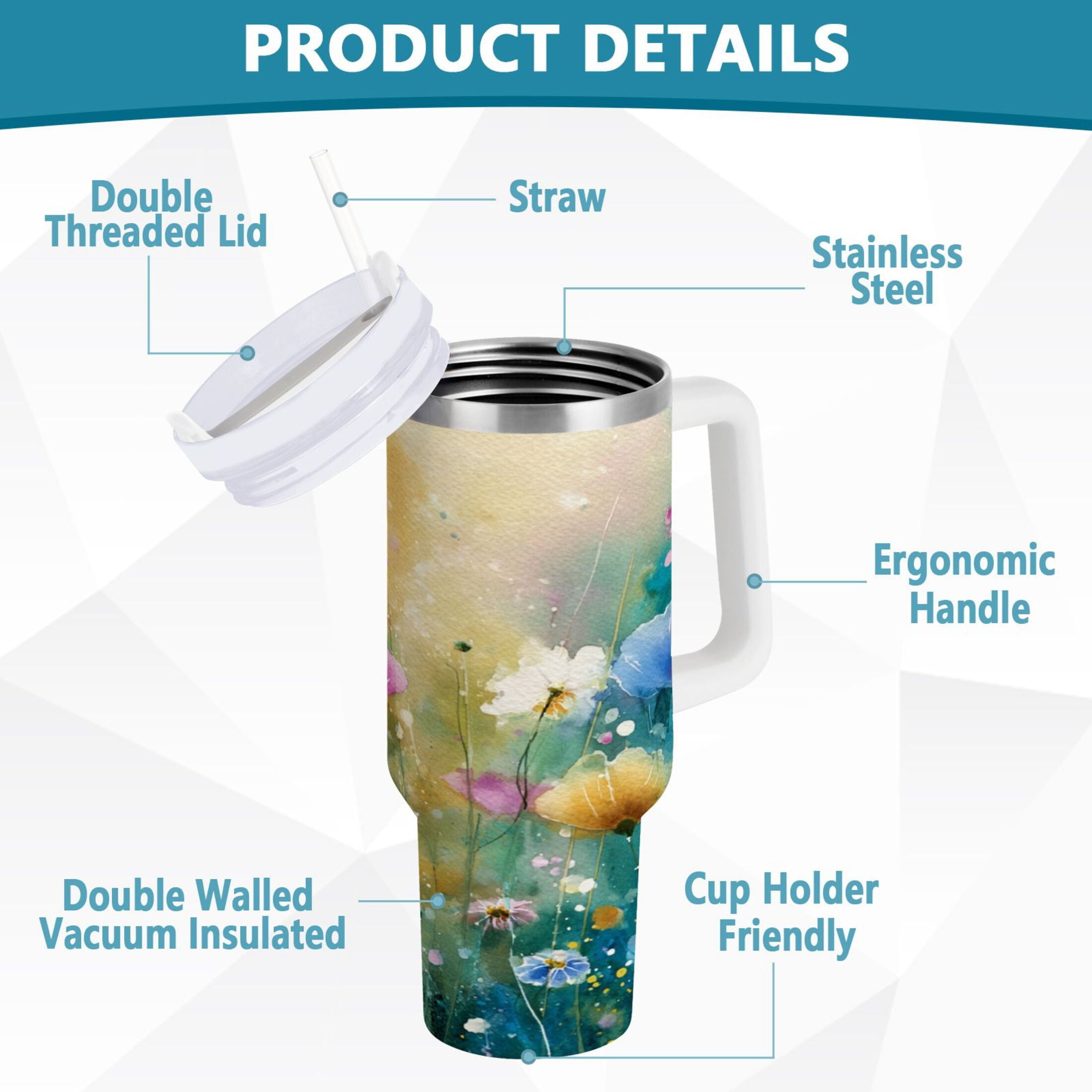 30 oz Insulated Stainless Steel Tumbler Double Wall Stainless Steel Tumbler with 2-Way Drinking Watercolor Wildflowers - 5Y1D