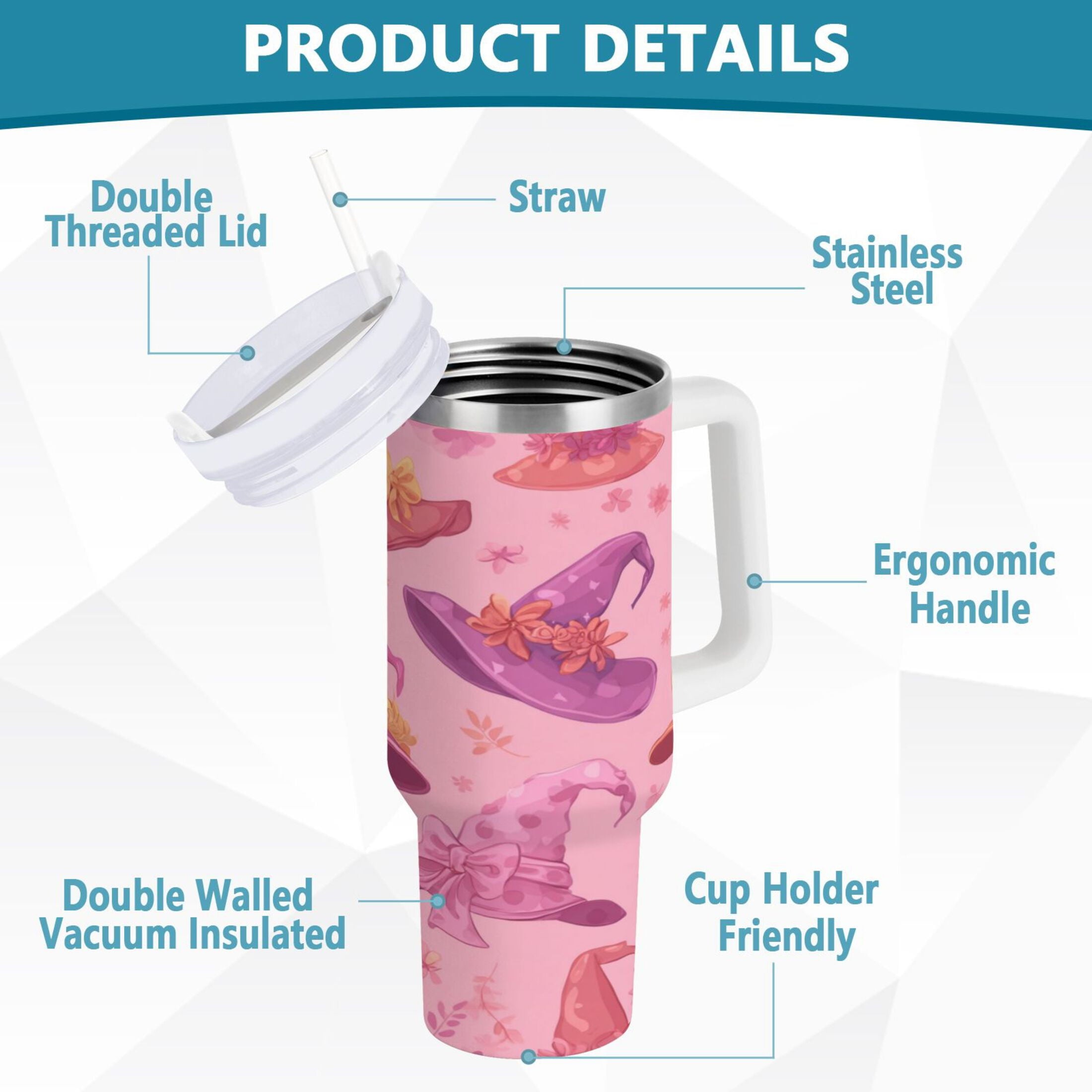 30 oz Insulated Stainless Steel Tumbler Double Wall Stainless Steel Tumbler with 2-Way Drinking Colorful Hat Pattern - 0YRI