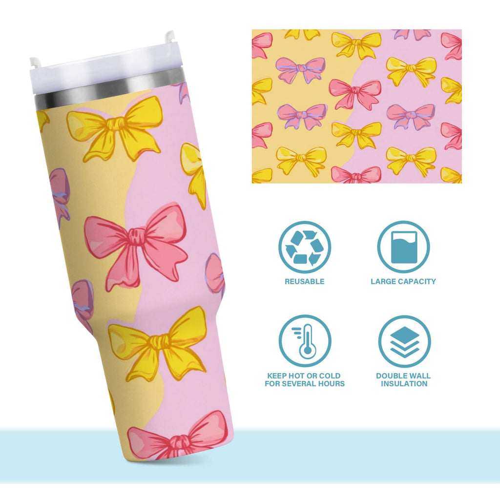 30 oz Insulated Stainless Steel Tumbler Double Wall Stainless Steel Tumbler with 2-Way Drinking Yellow and Pink Bows - MRIB