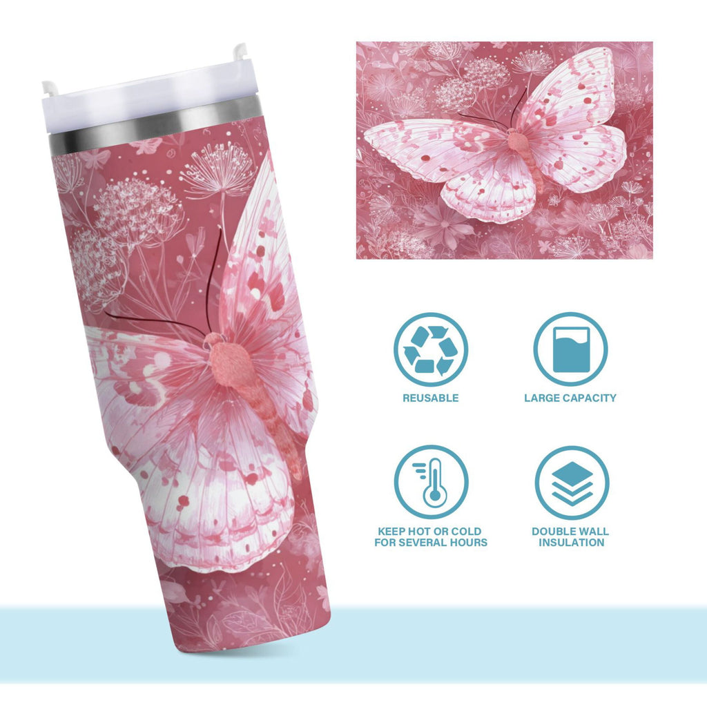 30 oz Insulated Stainless Steel Tumbler Double Wall Stainless Steel Tumbler with 2-Way Drinking Soft Pink Butterfly - 2RQD