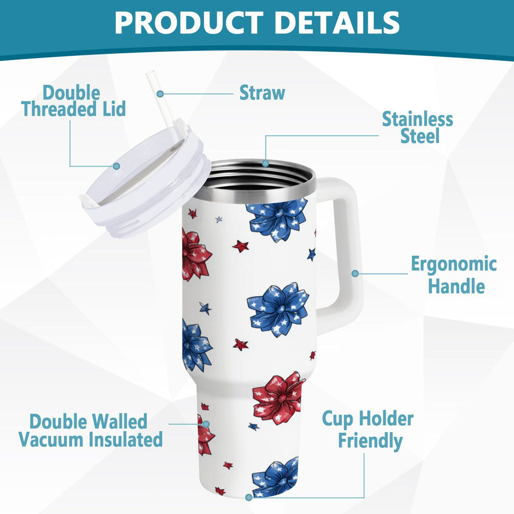 40 oz Insulated Stainless Steel Tumbler Double Wall Stainless Steel Tumbler with 2-Way Drinking Stars and Stripes Puttern Flower - 209D