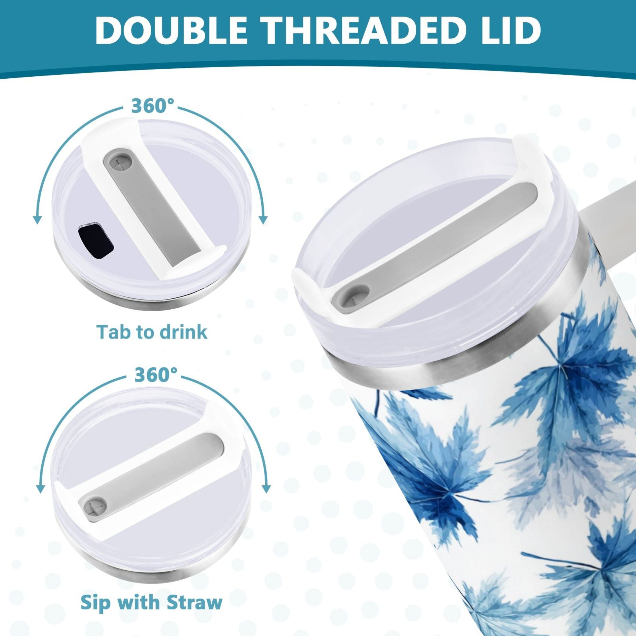 30 oz Insulated Stainless Steel Tumbler Double Wall Stainless Steel Tumbler with 2-Way Drinking Abstract Blue Maple Leaves - AVPG