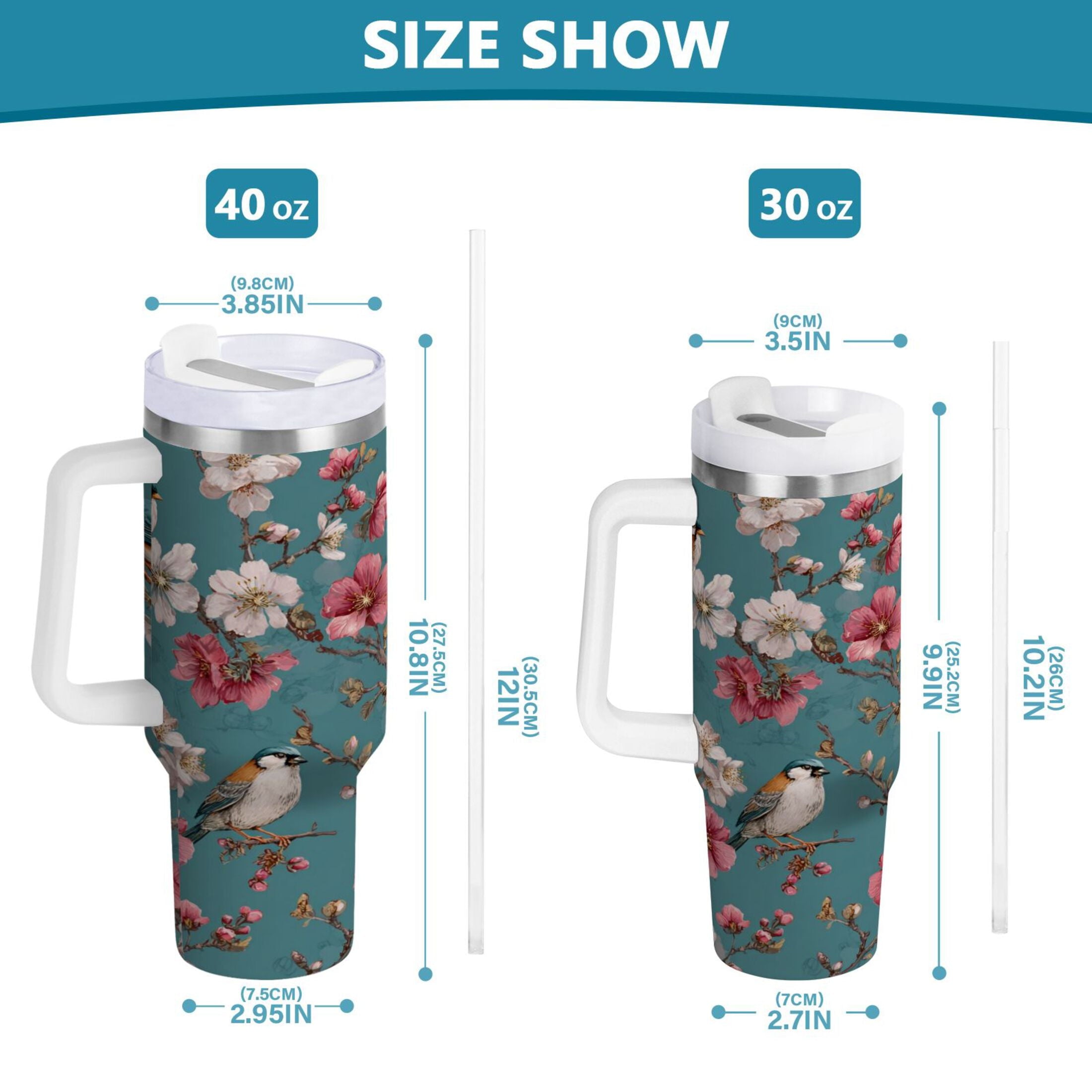 30 oz Insulated Stainless Steel Tumbler Double Wall Stainless Steel Tumbler with 2-Way Drinking Birds and Cherry Pattern - N2QS