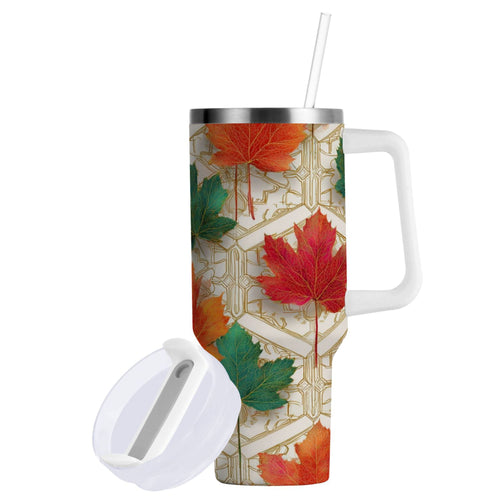 30 oz Insulated Stainless Steel Tumbler Double Wall Stainless Steel Tumbler with 2-Way Drinking Green and Red Maple Leaves - X4NS