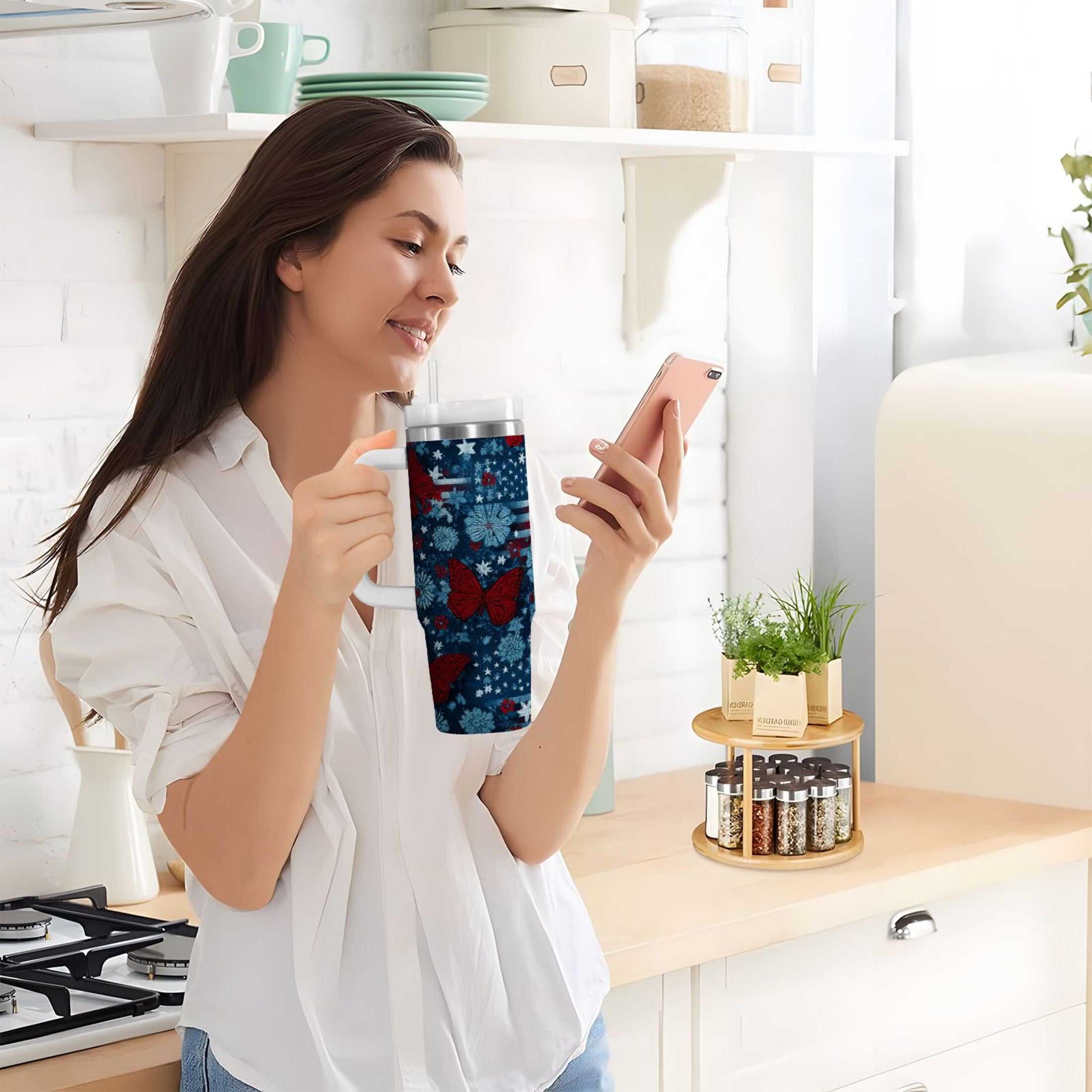30 oz Insulated Stainless Steel Tumbler Double Wall Stainless Steel Tumbler with 2-Way Drinking Red Butterflies and Flags - P0DF