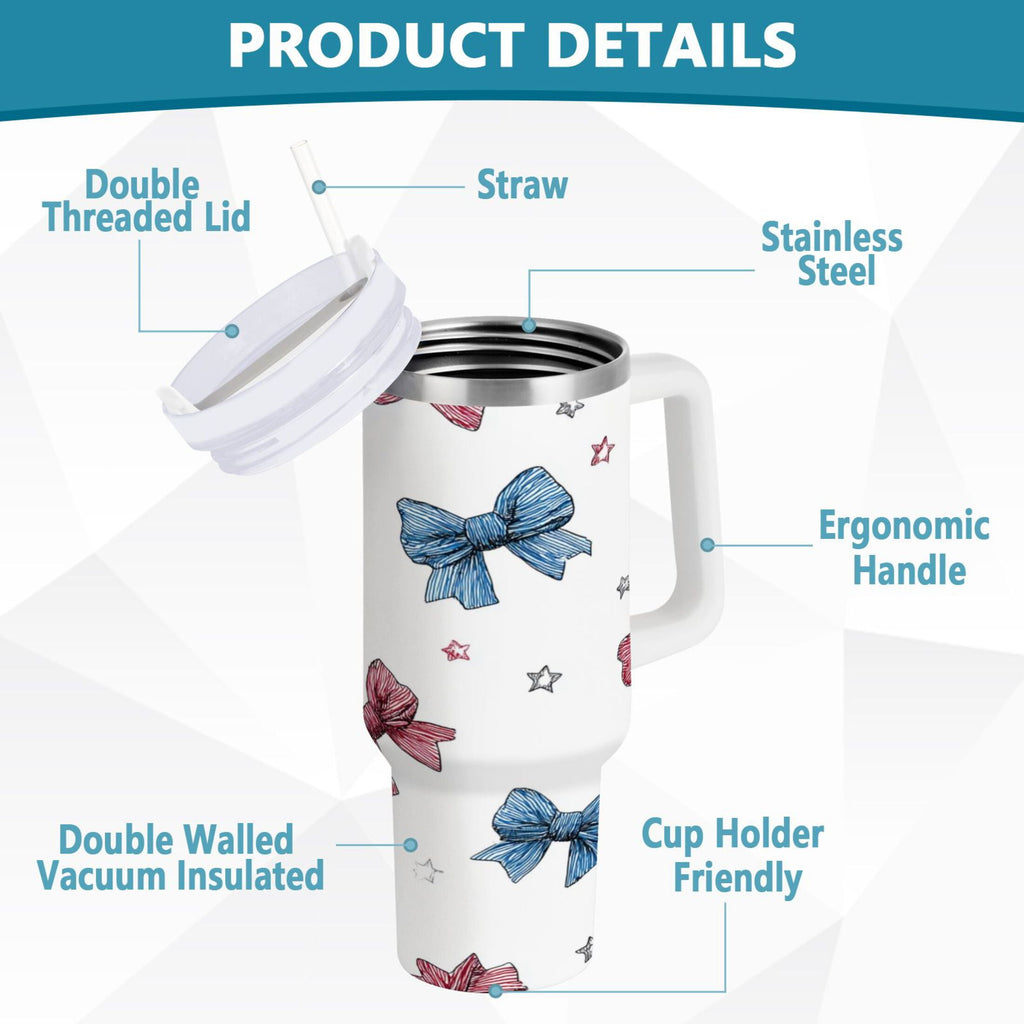 40 oz Insulated Stainless Steel Tumbler Double Wall Stainless Steel Tumbler with 2-Way Drinking Red and Blue Stripes Bows - J6OF