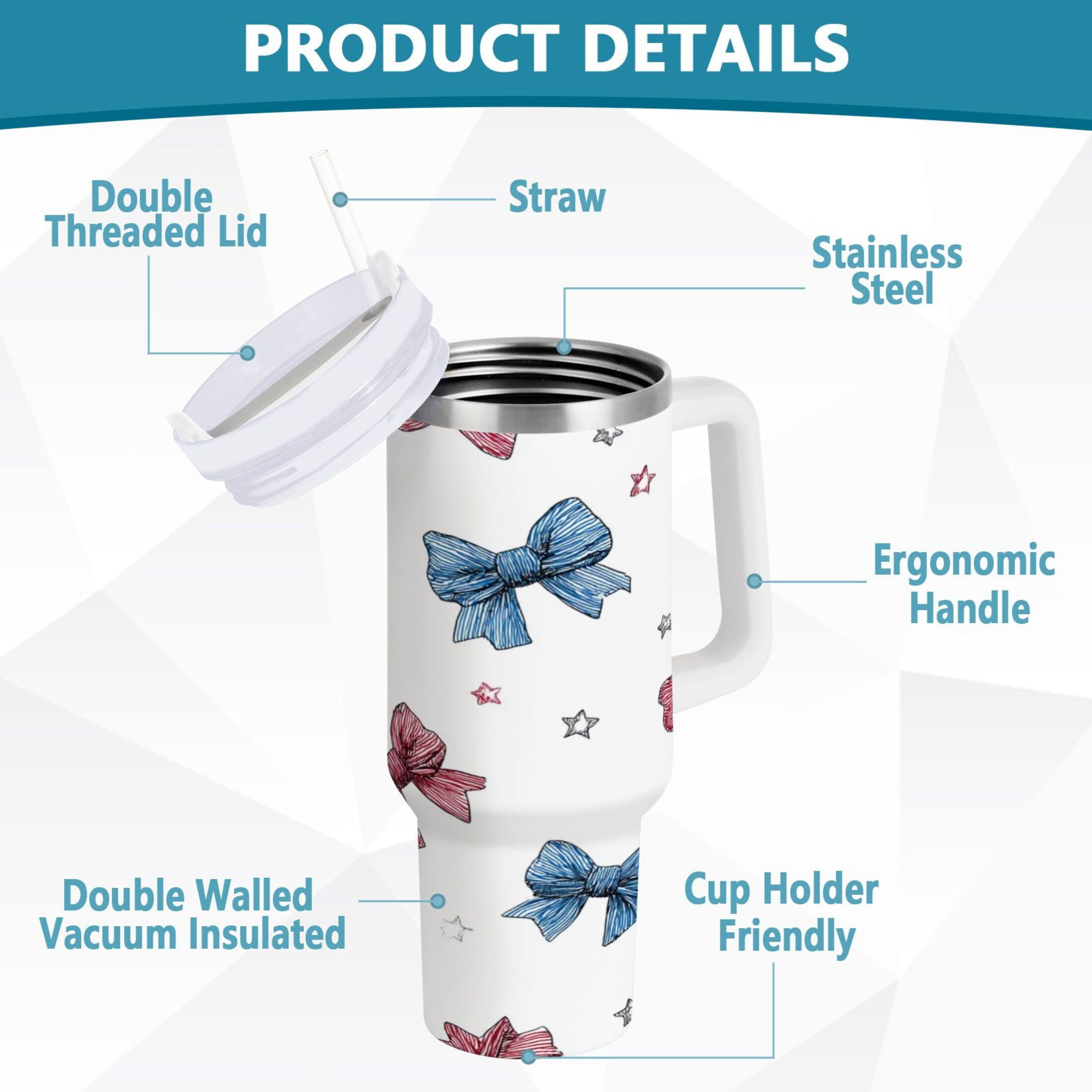 40 oz Insulated Stainless Steel Tumbler Double Wall Stainless Steel Tumbler with 2-Way Drinking Red and Blue Stripes Bows - J6OF