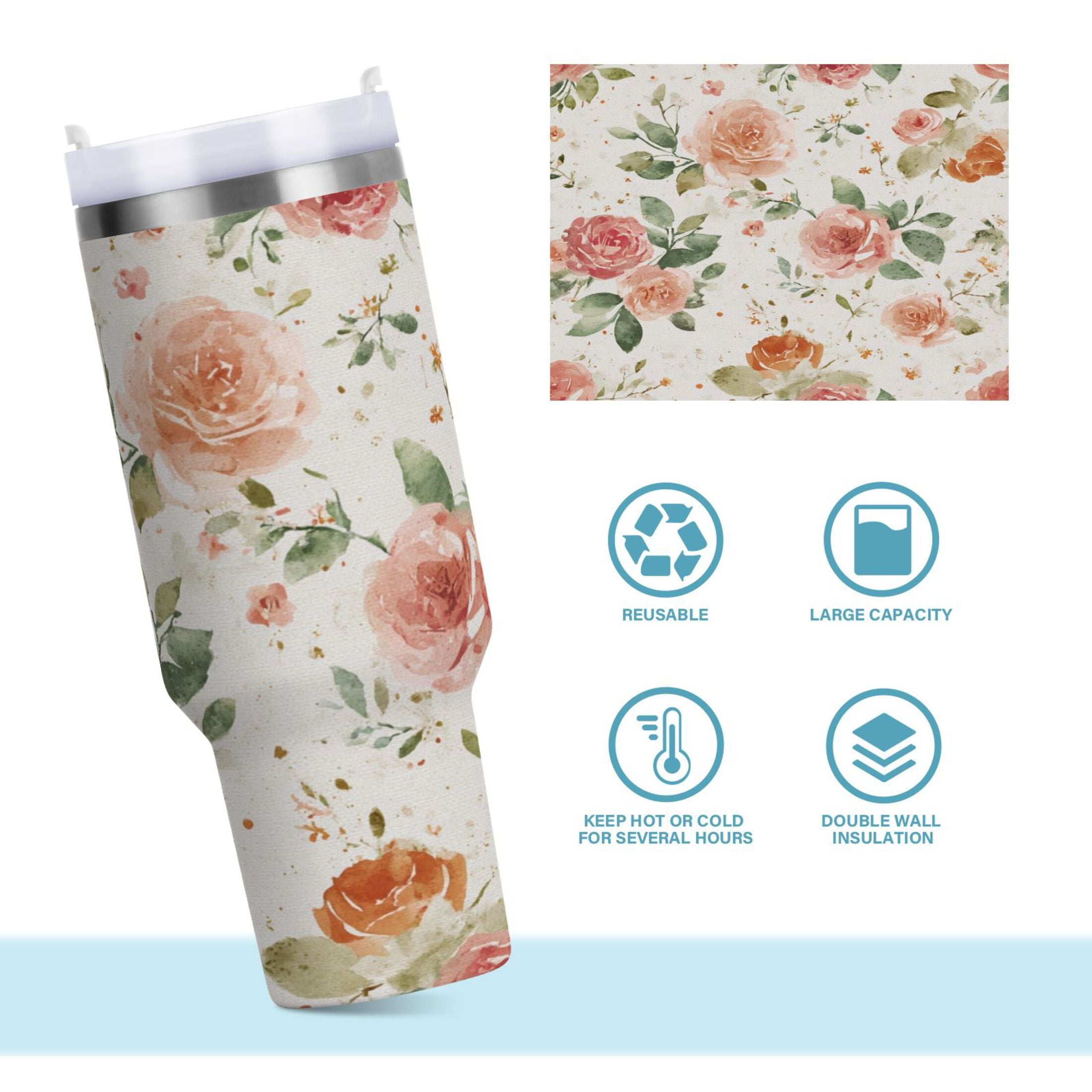 40 oz Insulated Stainless Steel Tumbler Double Wall Stainless Steel Tumbler with 2-Way Drinking Watercolor Rose Floral Pattern - 7Y19