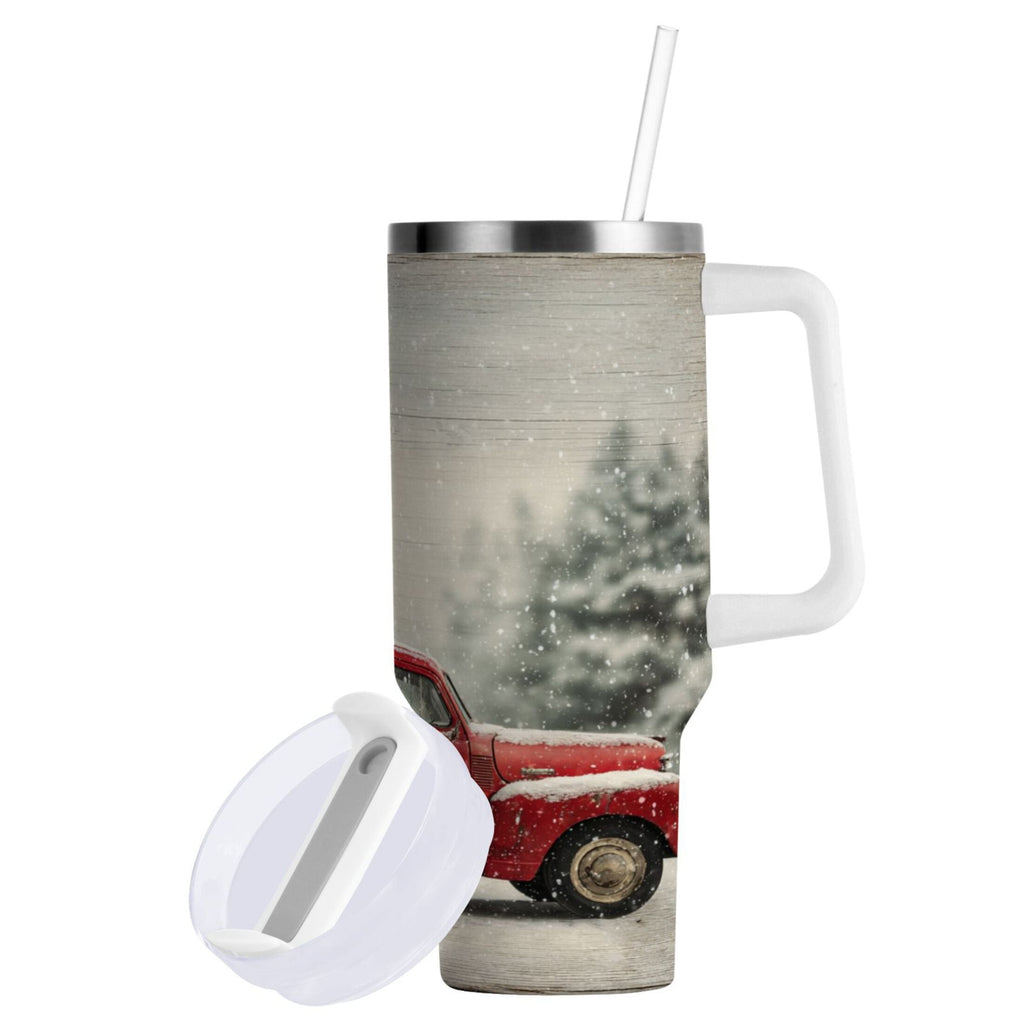 40 oz Insulated Stainless Steel Tumbler Double Wall Stainless Steel Tumbler with 2-Way Drinking Vintage Red Truck - K82S