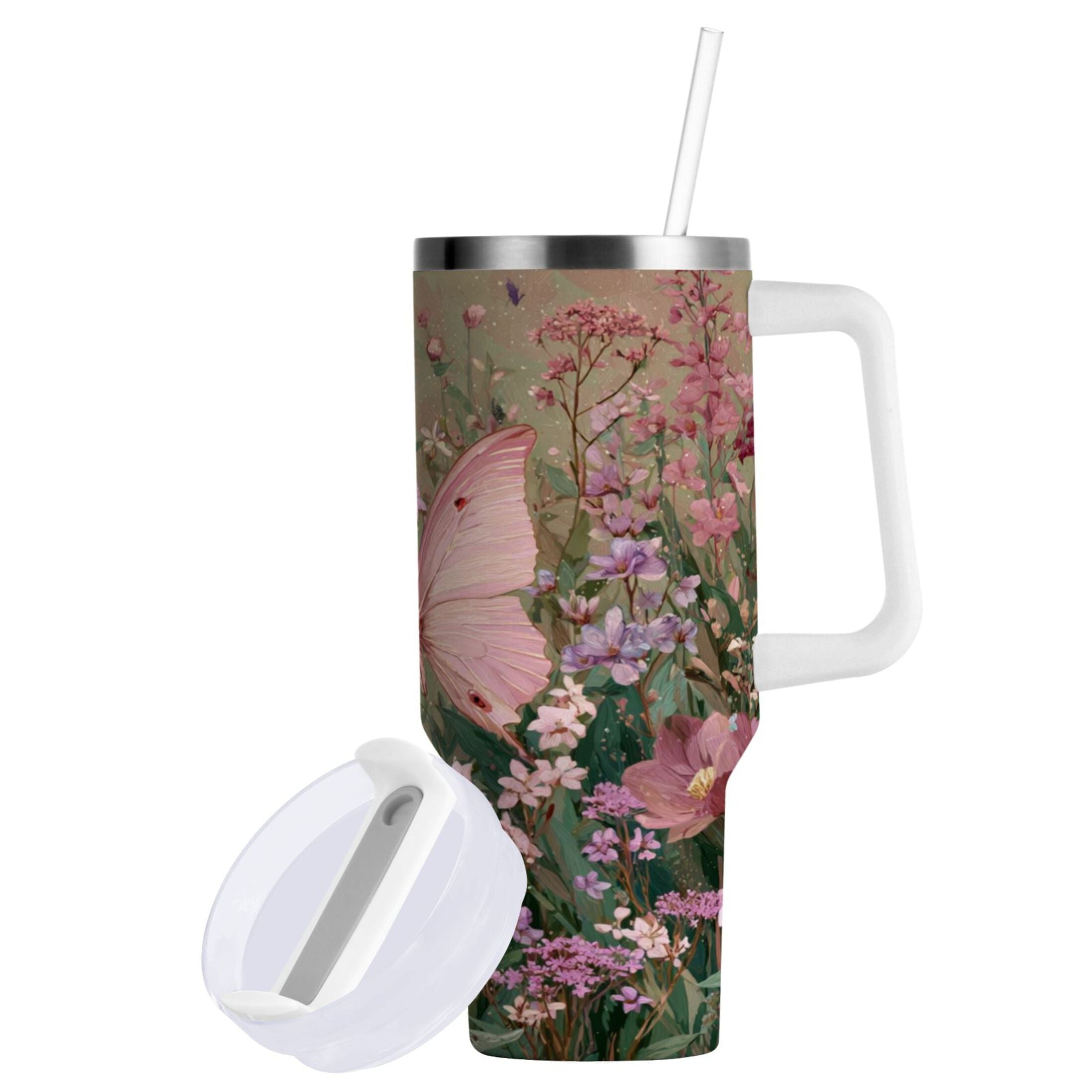 30 oz Insulated Stainless Steel Tumbler Double Wall Stainless Steel Tumbler with 2-Way Drinking Delicate Butterfly - 1QYP