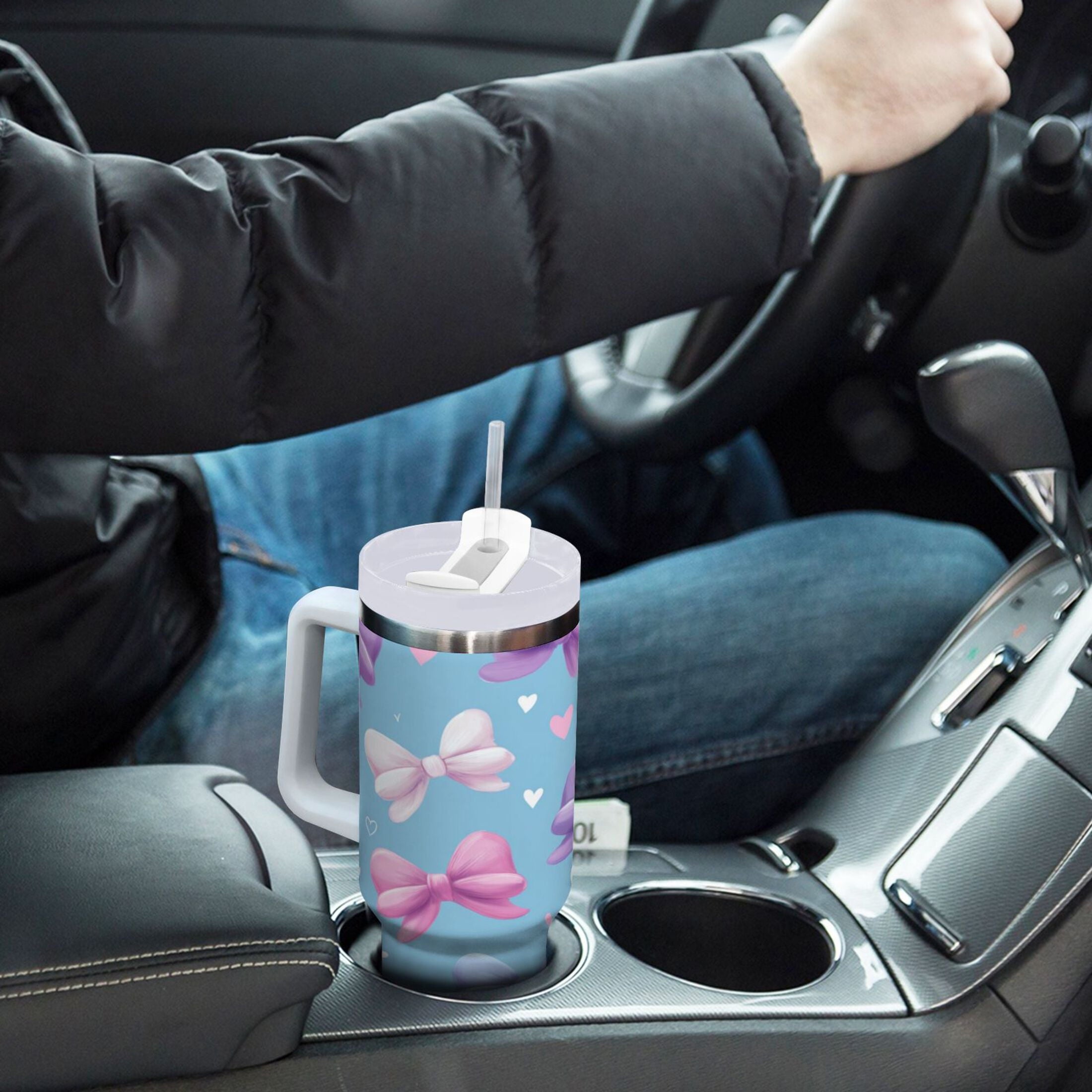 30 oz Insulated Stainless Steel Tumbler Double Wall Stainless Steel Tumbler with 2-Way Drinking Pink and Purple Bows - TVA1