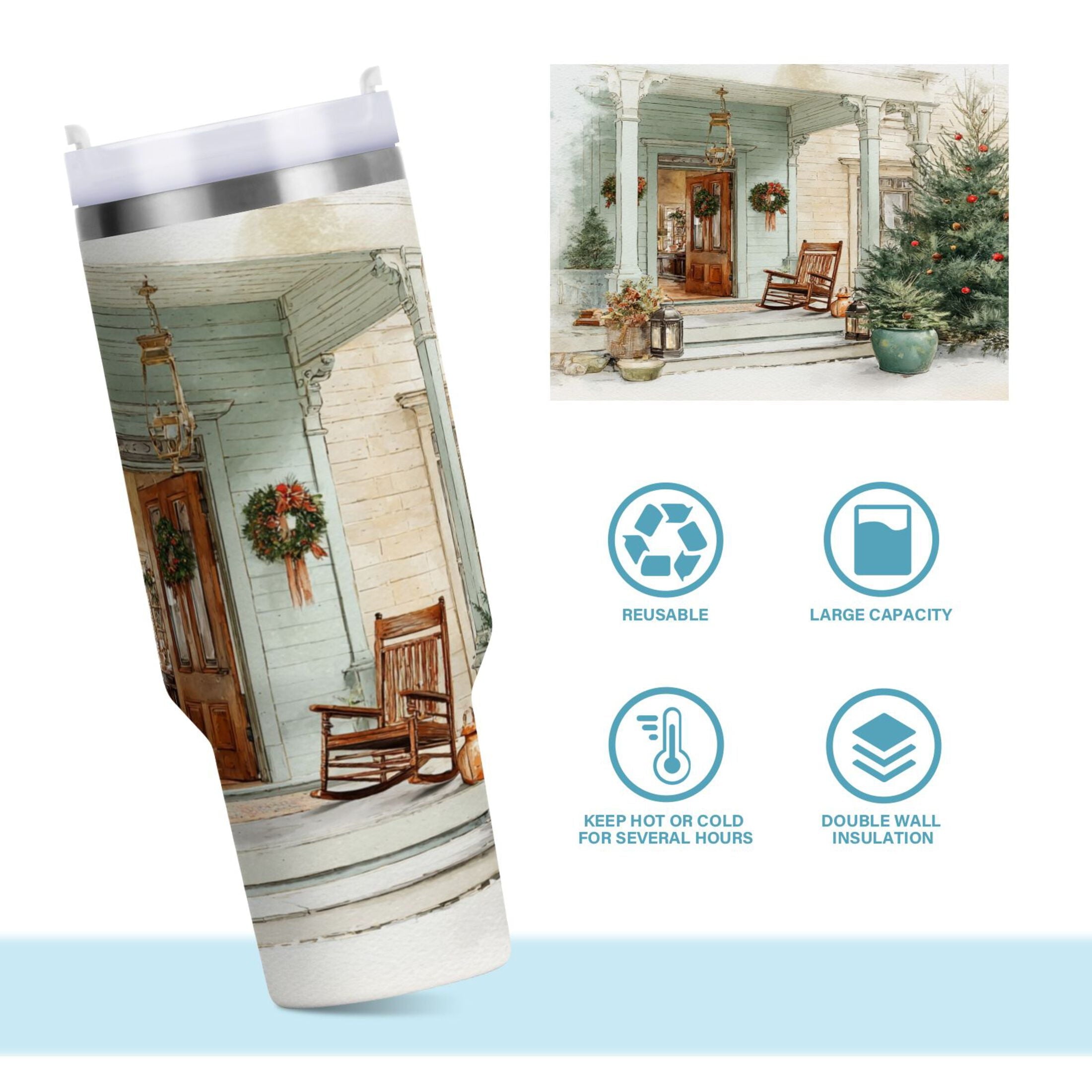 30 oz Insulated Stainless Steel Tumbler Double Wall Stainless Steel Tumbler with 2-Way Drinking Charming Christmas Doorway - 48TR