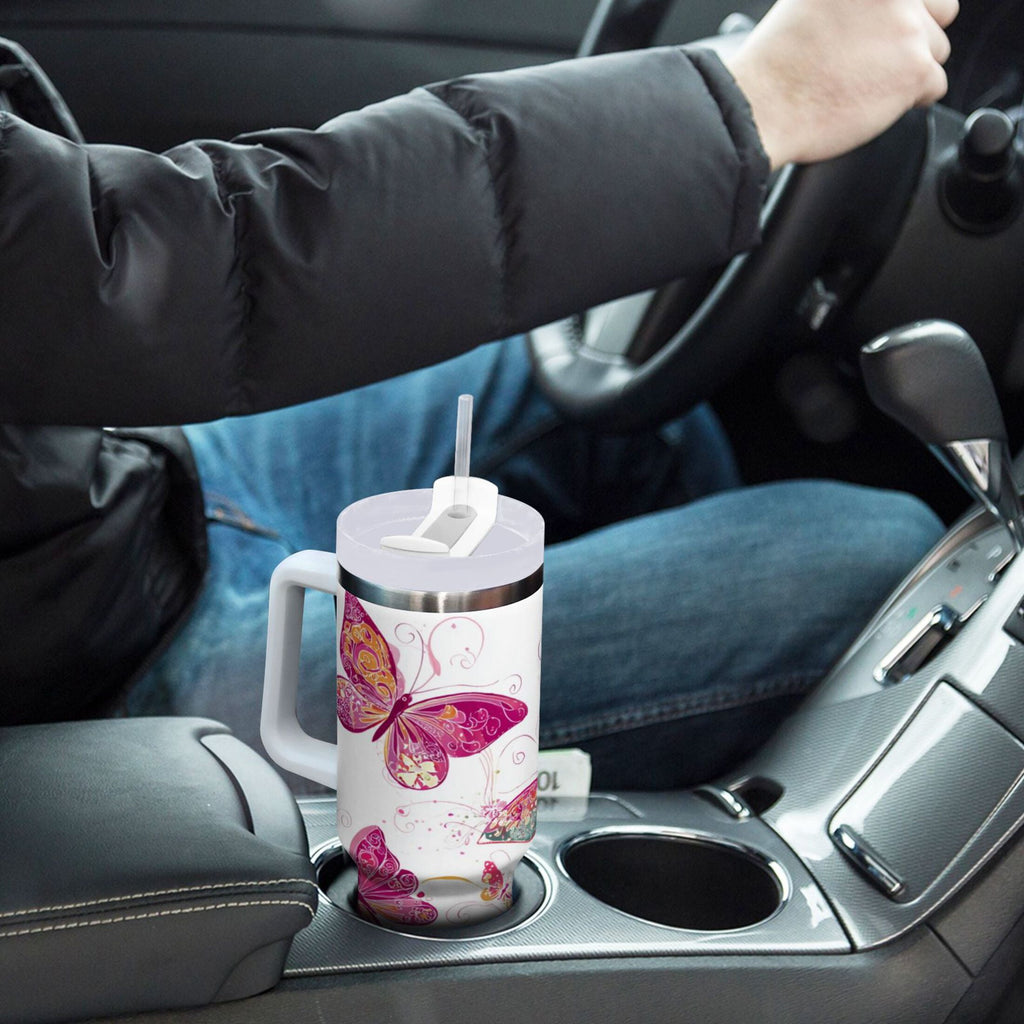 30 oz Insulated Stainless Steel Tumbler Double Wall Stainless Steel Tumbler with 2-Way Drinking Colorful Butterflies - VH11