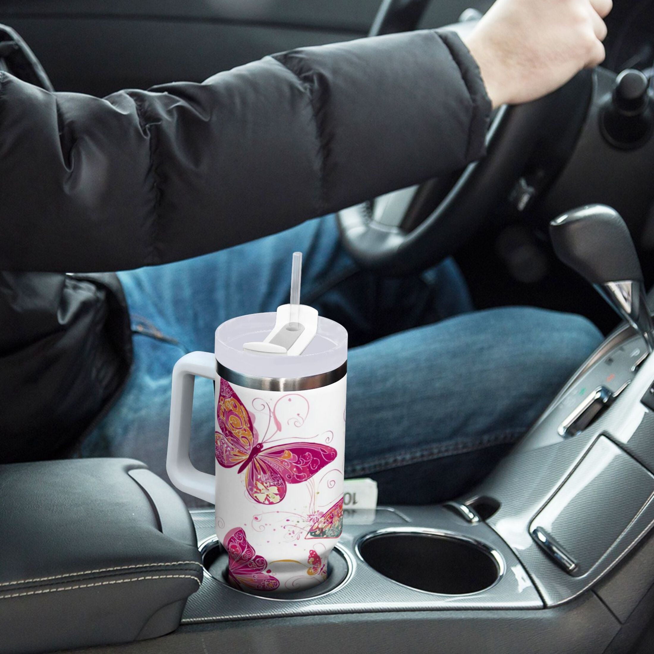 30 oz Insulated Stainless Steel Tumbler Double Wall Stainless Steel Tumbler with 2-Way Drinking Colorful Butterflies - VH11