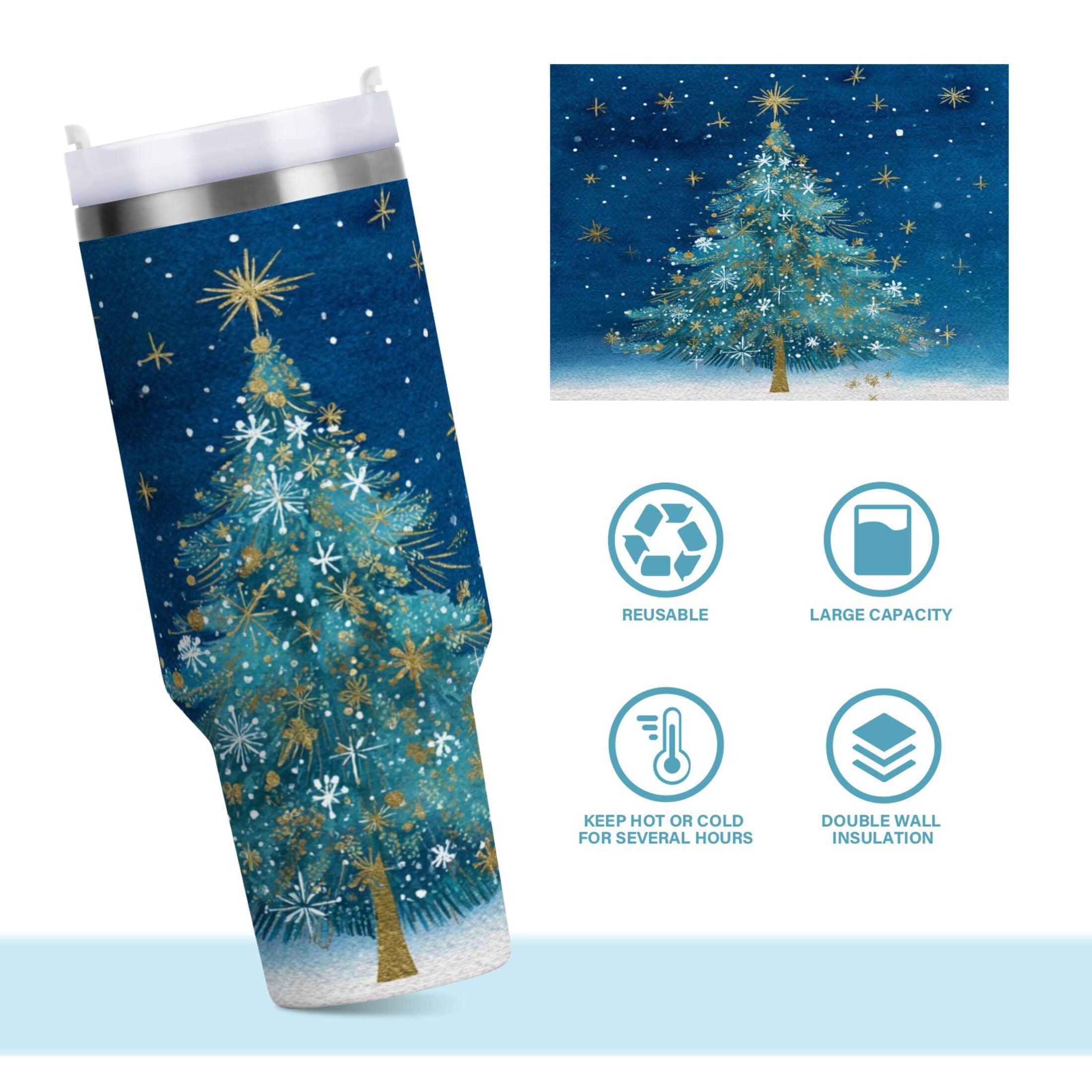 40 oz Insulated Stainless Steel Tumbler Double Wall Stainless Steel Tumbler with 2-Way Drinking Watercolor Christmas Tree - K5KR