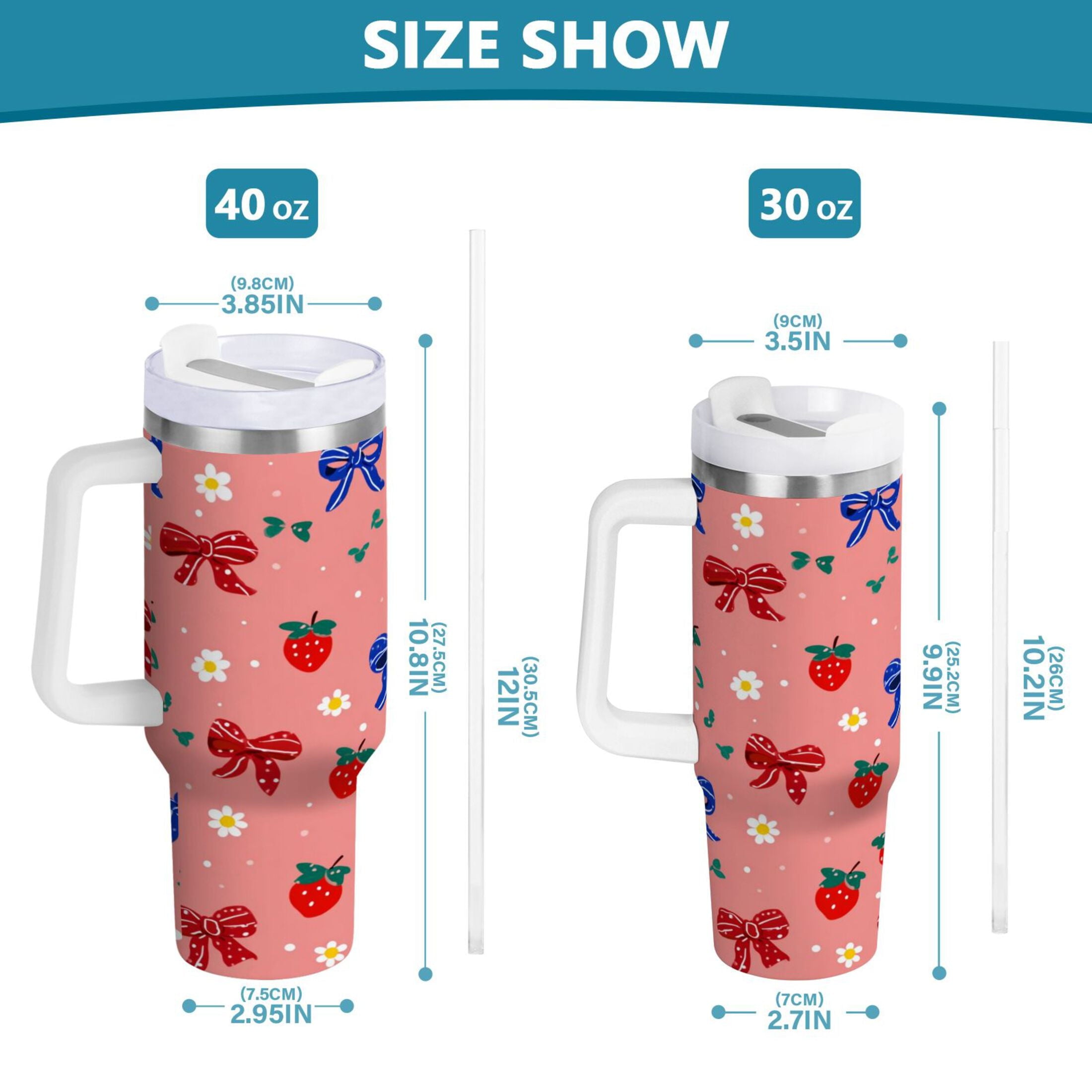 40 oz Insulated Stainless Steel Tumbler Double Wall Stainless Steel Tumbler with 2-Way Drinking Bows and Strawberries Pattern - G1UI