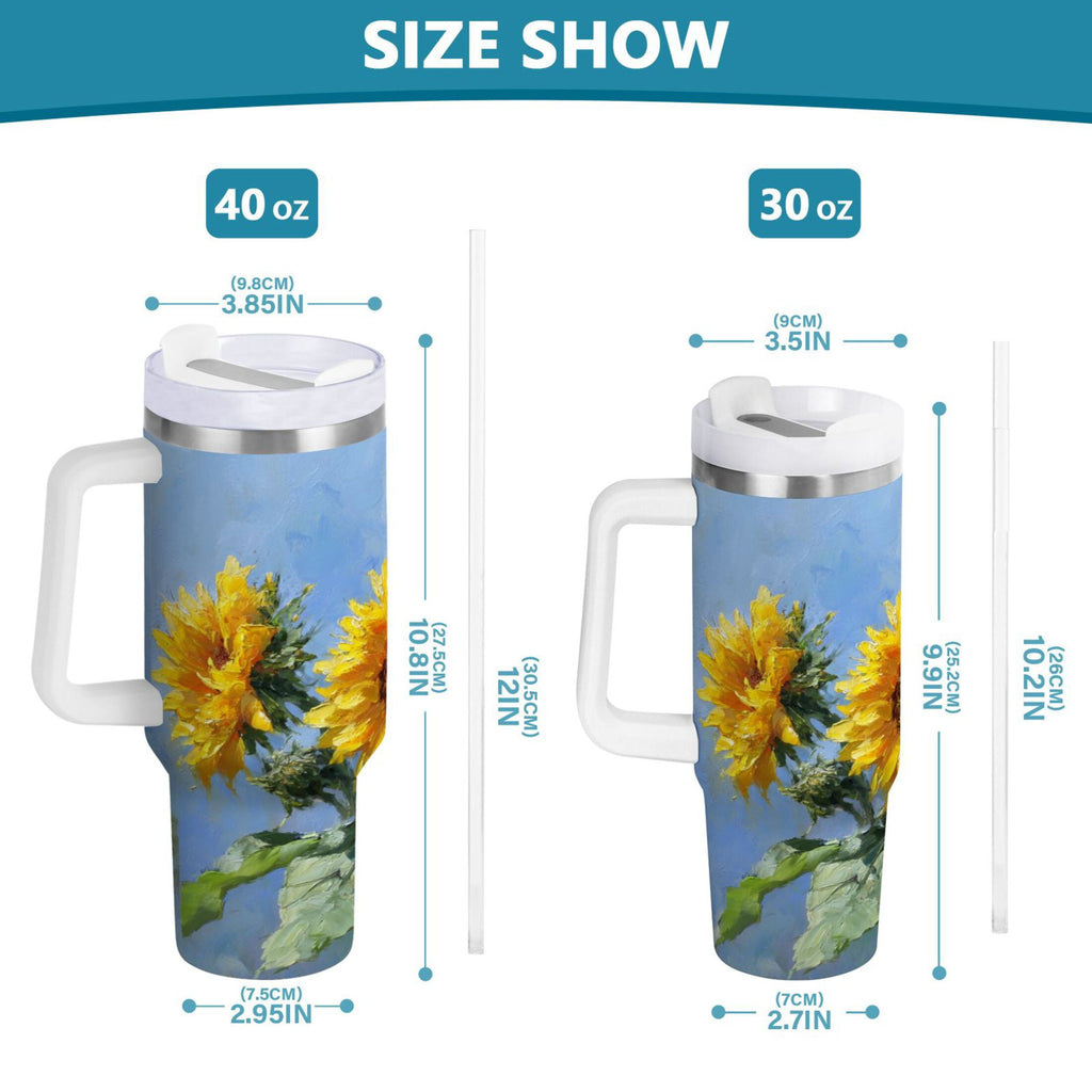 40 oz Insulated Stainless Steel Tumbler Double Wall Stainless Steel Tumbler with 2-Way Drinking Sunflowers Painting - 59QY