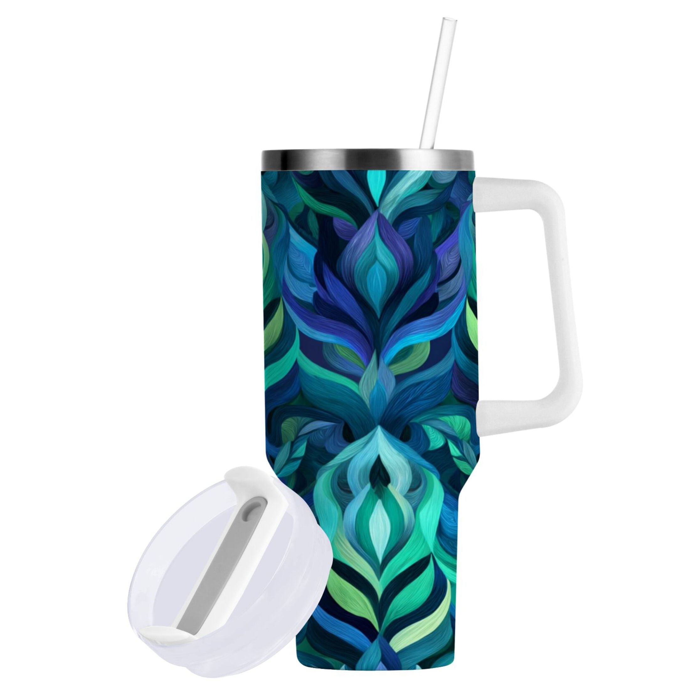 40 oz Insulated Stainless Steel Tumbler Double Wall Stainless Steel Tumbler with 2-Way Drinking Elegant Blue Abstract Shapes - BNTB