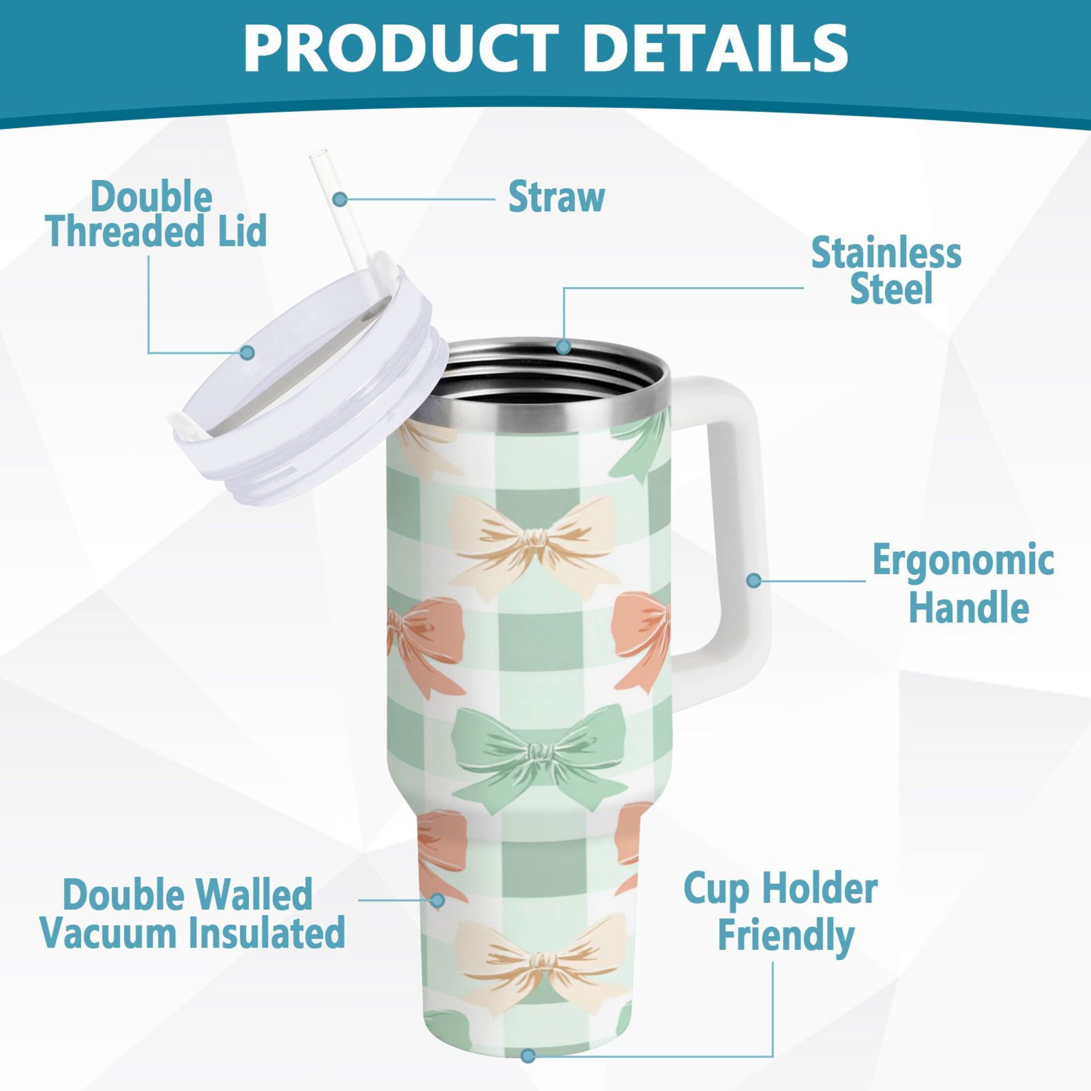 40 oz Insulated Stainless Steel Tumbler Double Wall Stainless Steel Tumbler with 2-Way Drinking Green and Peach Bow Pattern - A16O