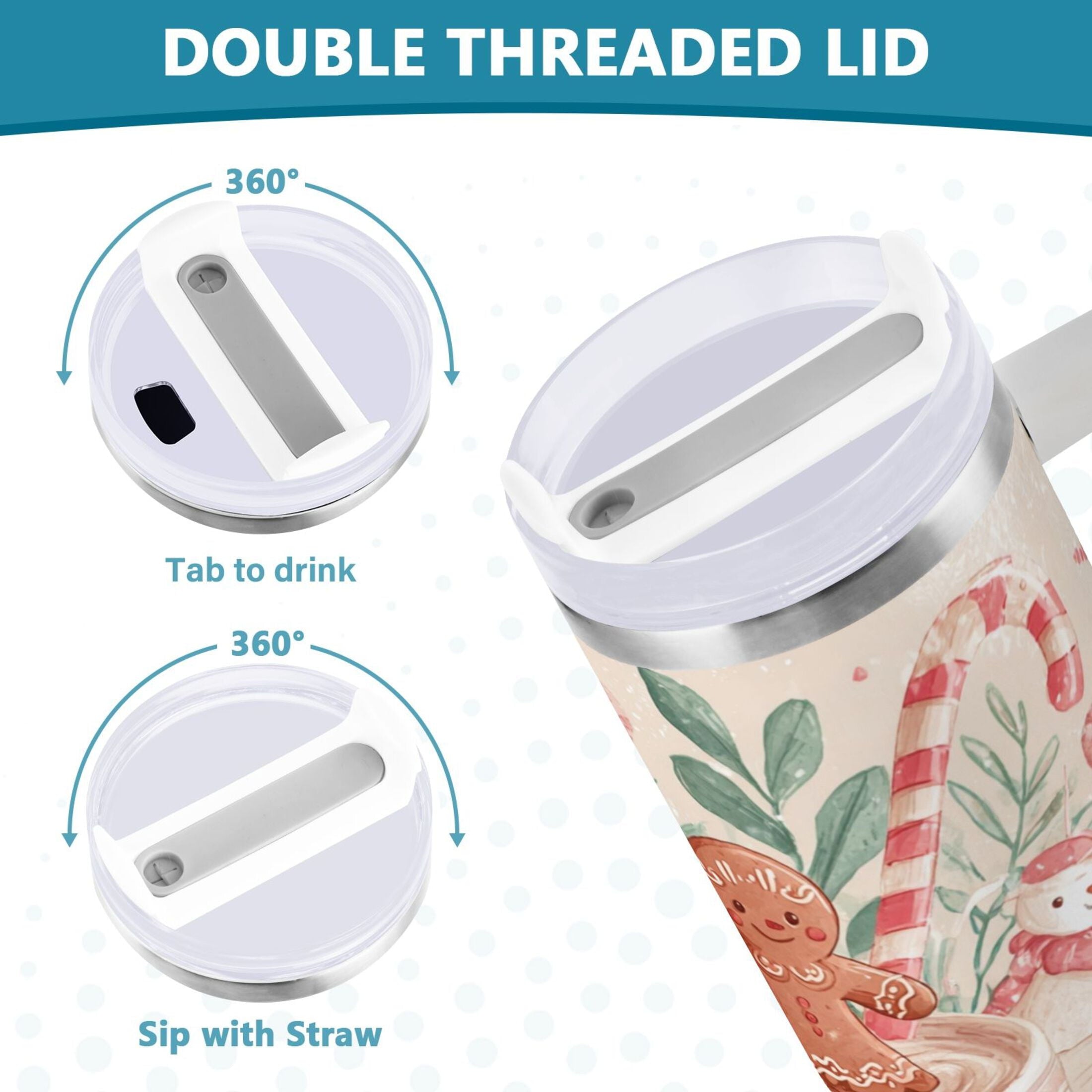 30 oz Insulated Stainless Steel Tumbler Double Wall Stainless Steel Tumbler with 2-Way Drinking Cute Christmas Design - H7L4