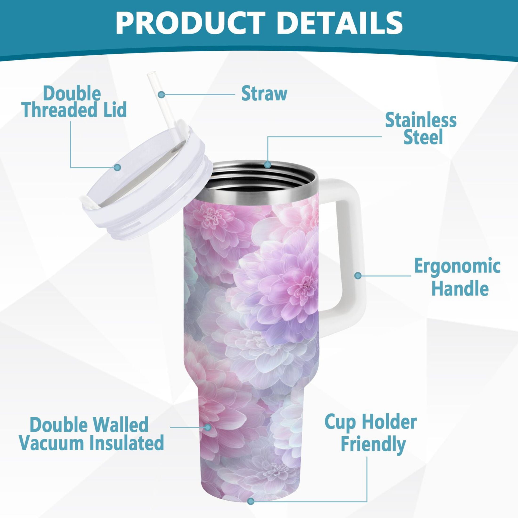 30 oz Insulated Stainless Steel Tumbler Double Wall Stainless Steel Tumbler with 2-Way Drinking Cute Pastel Watercolor Floral - 3IDJ