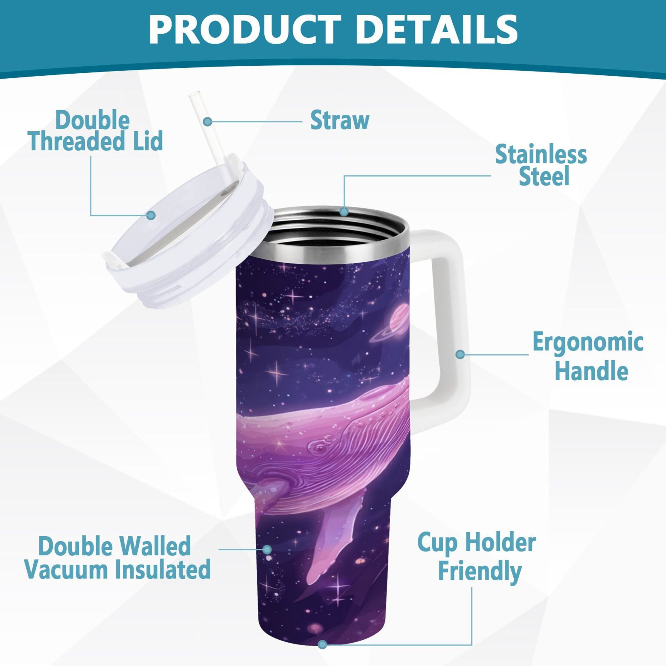 30 oz Insulated Stainless Steel Tumbler Double Wall Stainless Steel Tumbler with 2-Way Drinking Whale in Space - W8Q6