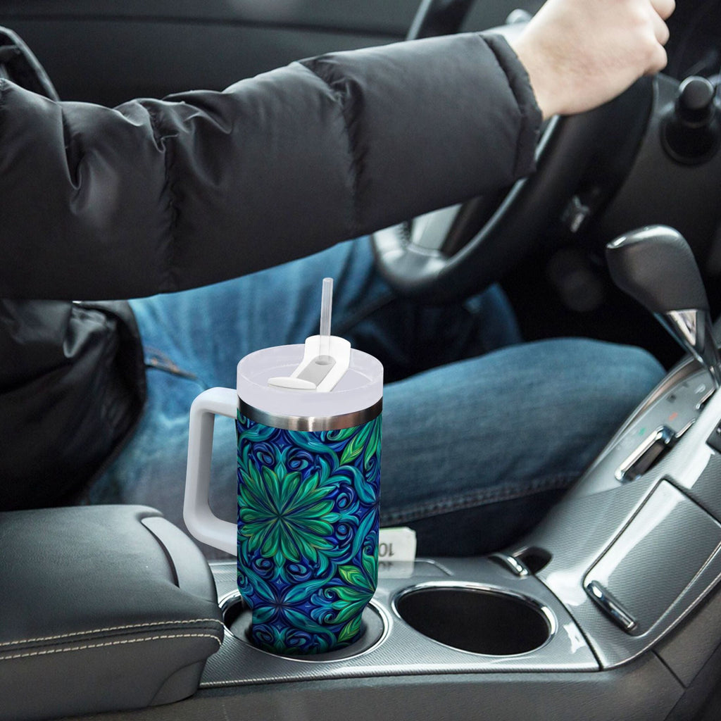 40 oz Insulated Stainless Steel Tumbler Double Wall Stainless Steel Tumbler with 2-Way Drinking Elegant Blue Traditional Patterns - VPY3