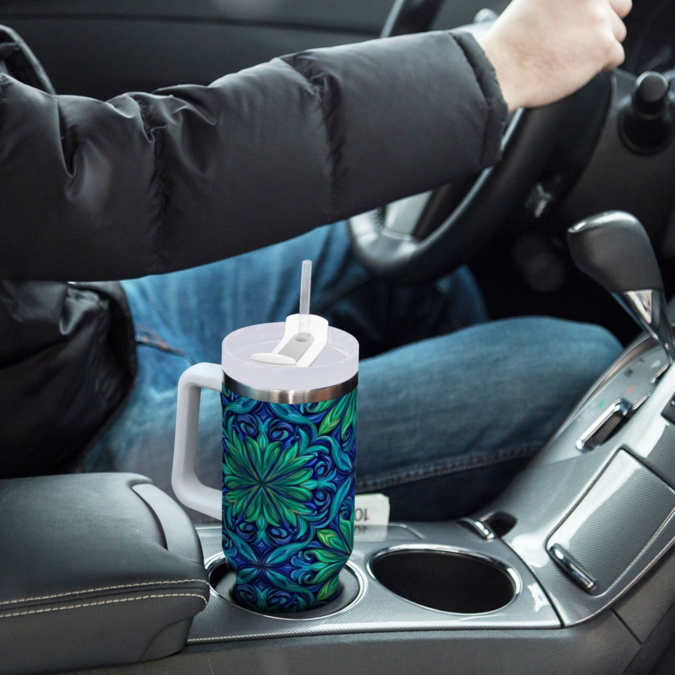 40 oz Insulated Stainless Steel Tumbler Double Wall Stainless Steel Tumbler with 2-Way Drinking Elegant Blue Traditional Patterns - VPY3