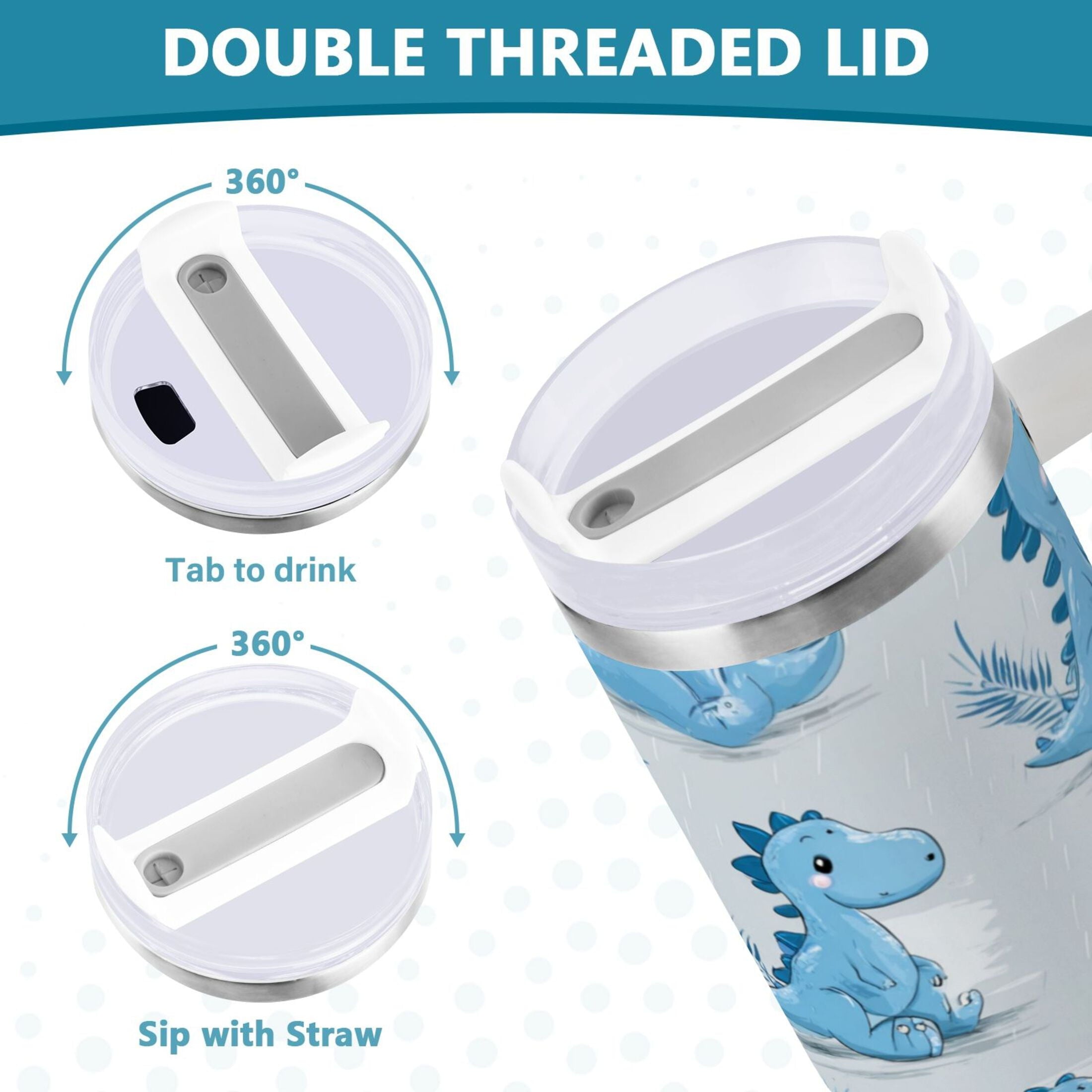 30 oz Insulated Stainless Steel Tumbler Double Wall Stainless Steel Tumbler with 2-Way Drinking Cartoon Blue Dinosaurs - 9G22