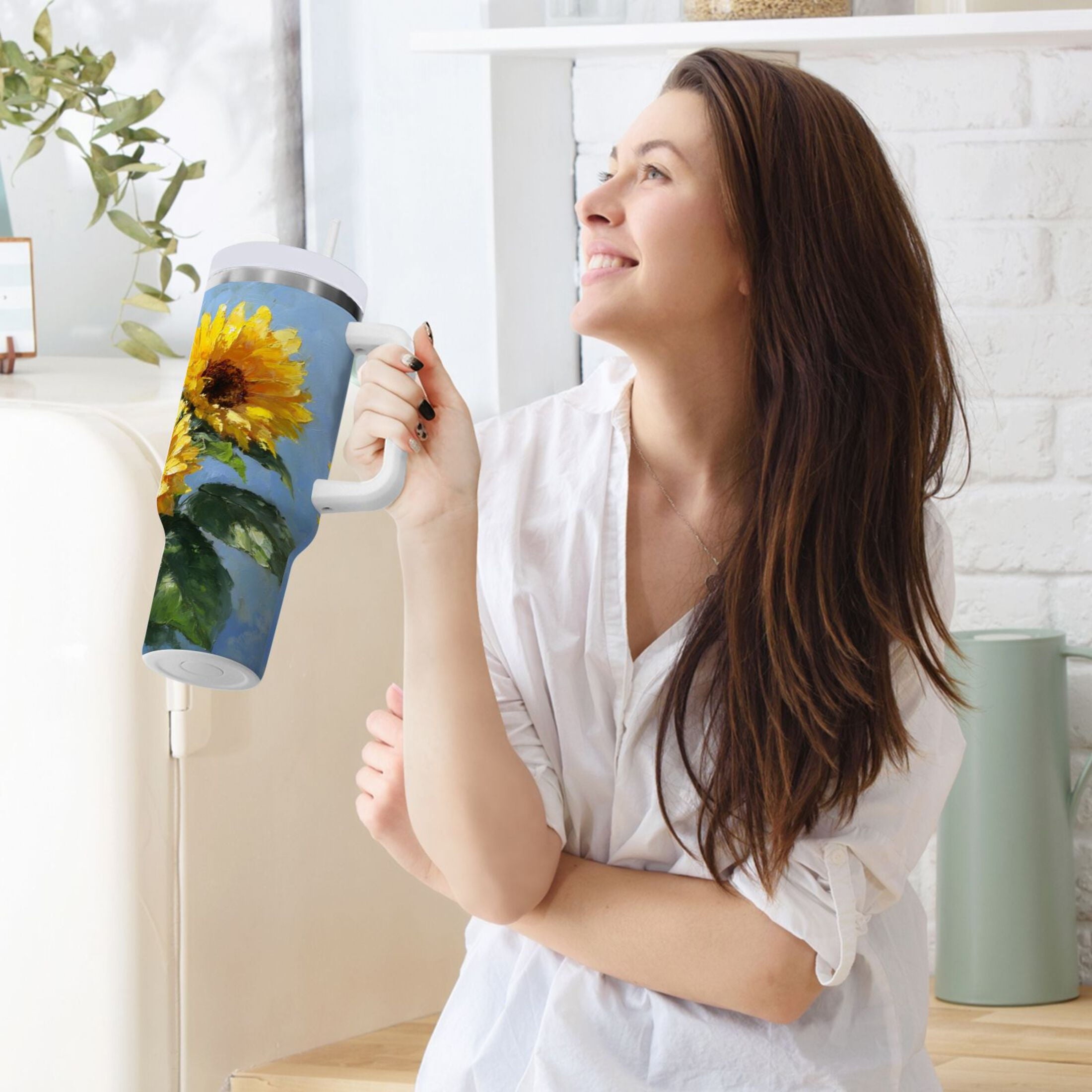 40 oz Insulated Stainless Steel Tumbler Double Wall Stainless Steel Tumbler with 2-Way Drinking Sunflowers Painting - 59QY
