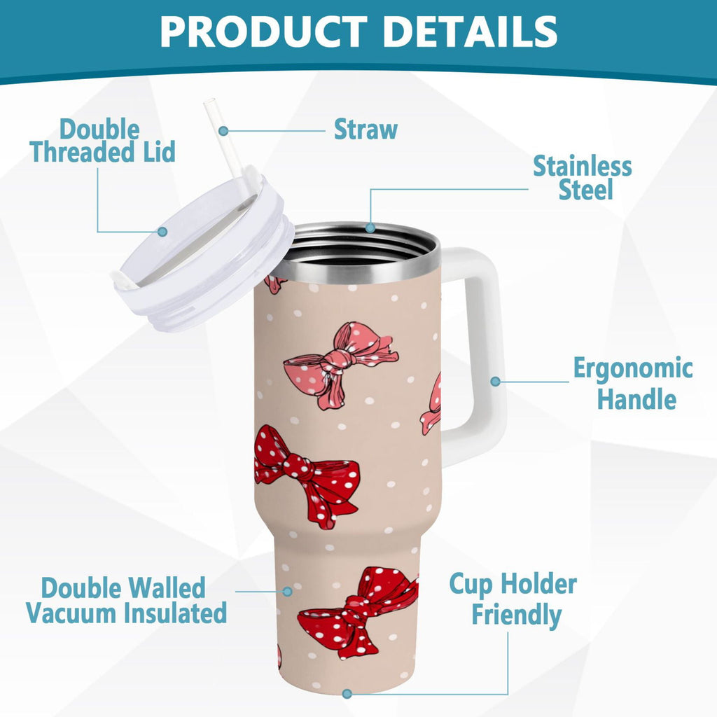 30 oz Insulated Stainless Steel Tumbler Double Wall Stainless Steel Tumbler with 2-Way Drinking Cute Red Bows Pattern - 7WO6