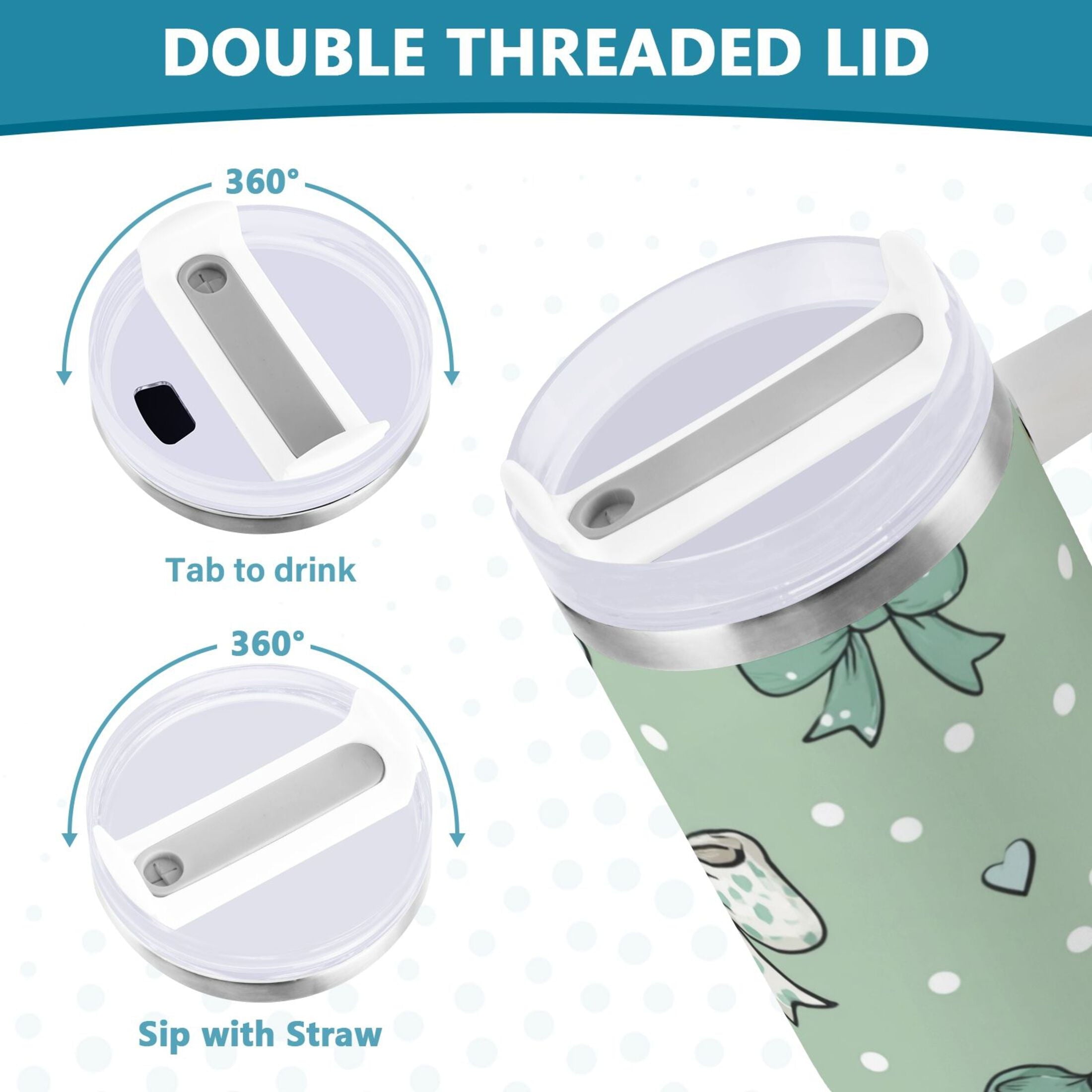 30 oz Insulated Stainless Steel Tumbler Double Wall Stainless Steel Tumbler with 2-Way Drinking Green and Mint Bows - 8F8C