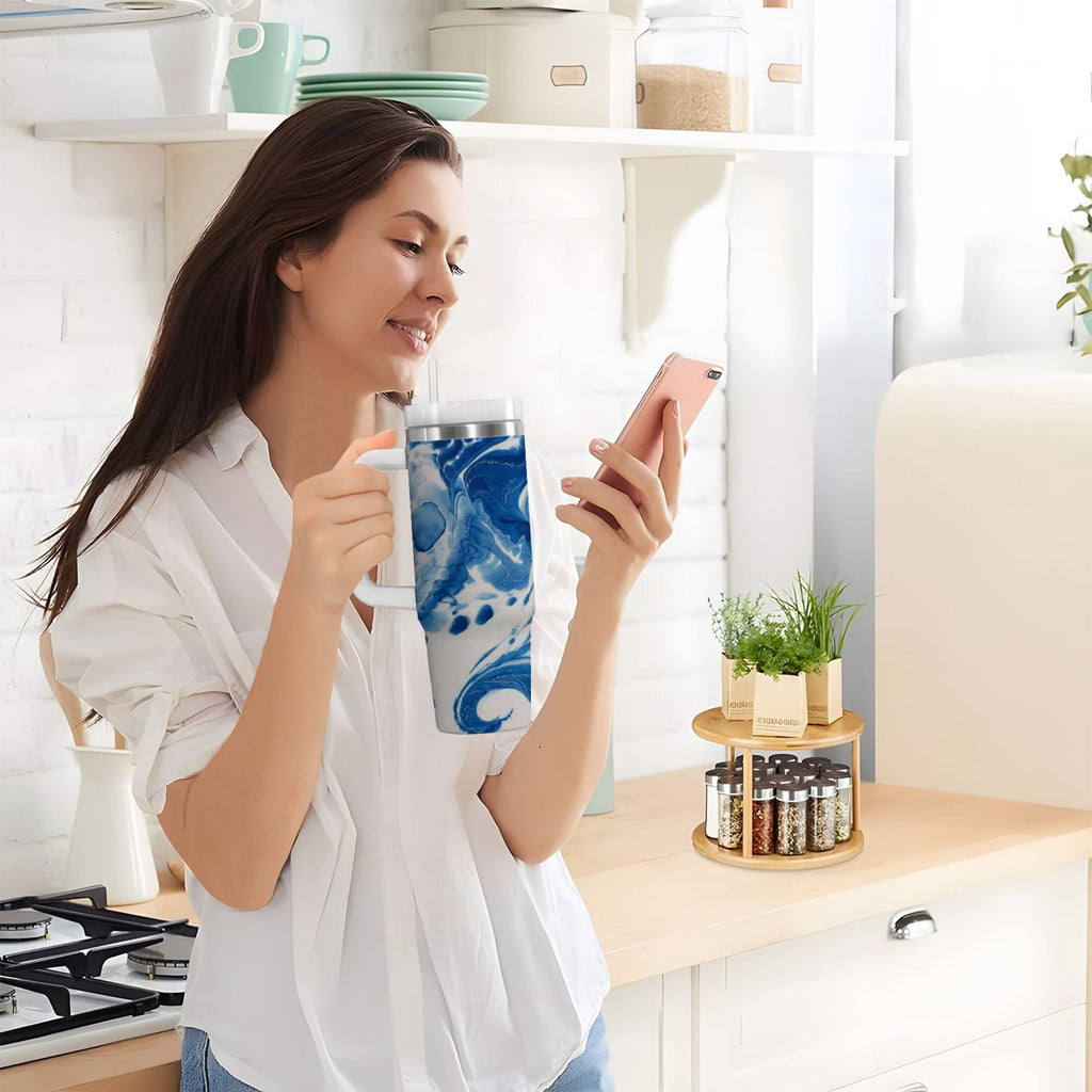 40 oz Insulated Stainless Steel Tumbler Double Wall Stainless Steel Tumbler with 2-Way Drinking Indigo Blue Tie-dye Pattern - 4RJH