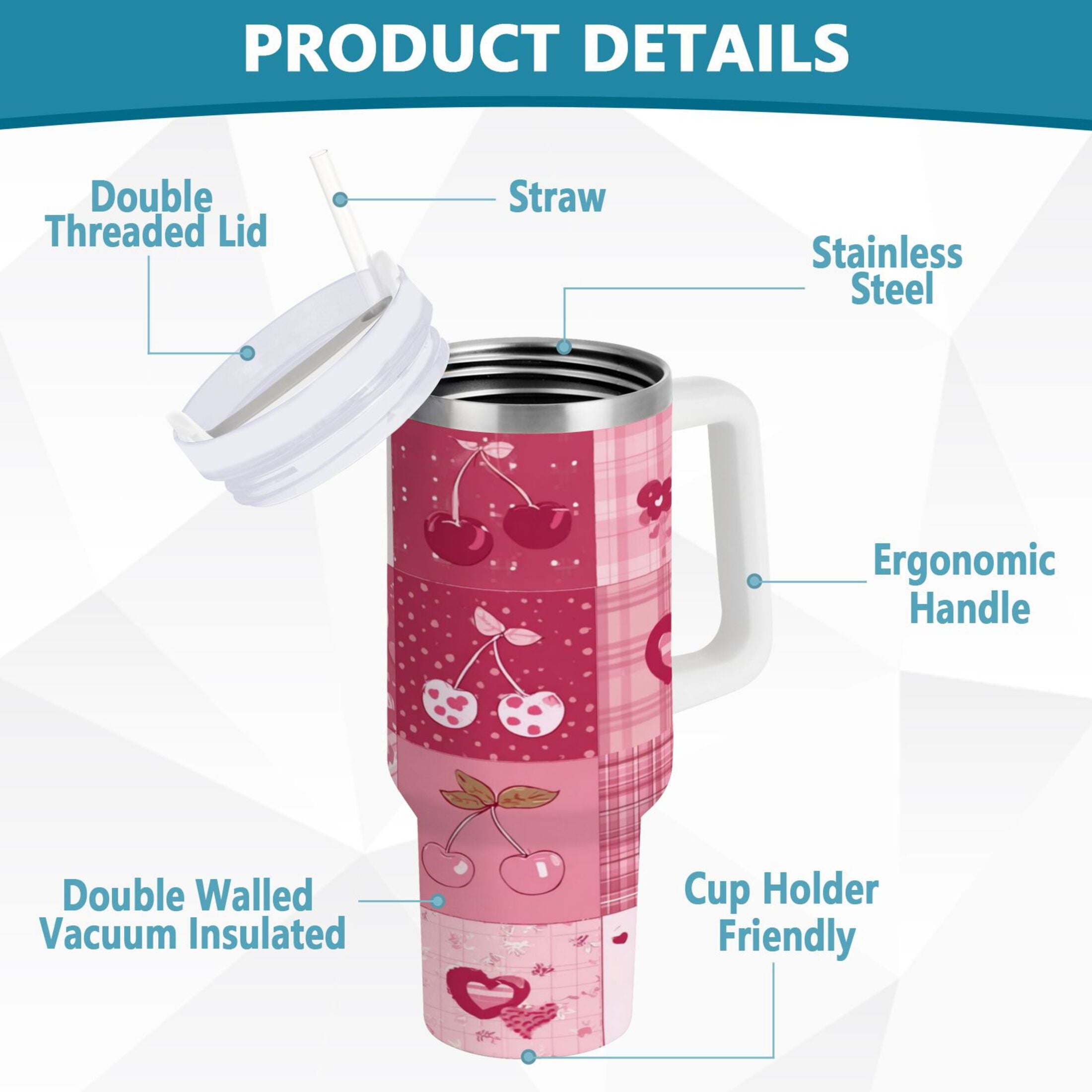 30 oz Insulated Stainless Steel Tumbler Double Wall Stainless Steel Tumbler with 2-Way Drinking Cherry Pattern with Bows - 2NGA
