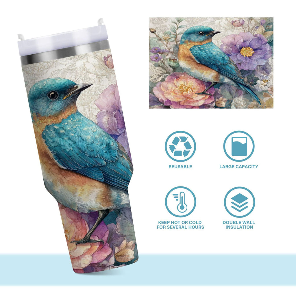 30 oz Insulated Stainless Steel Tumbler Double Wall Stainless Steel Tumbler with 2-Way Drinking Bluebird and Flower - VS42