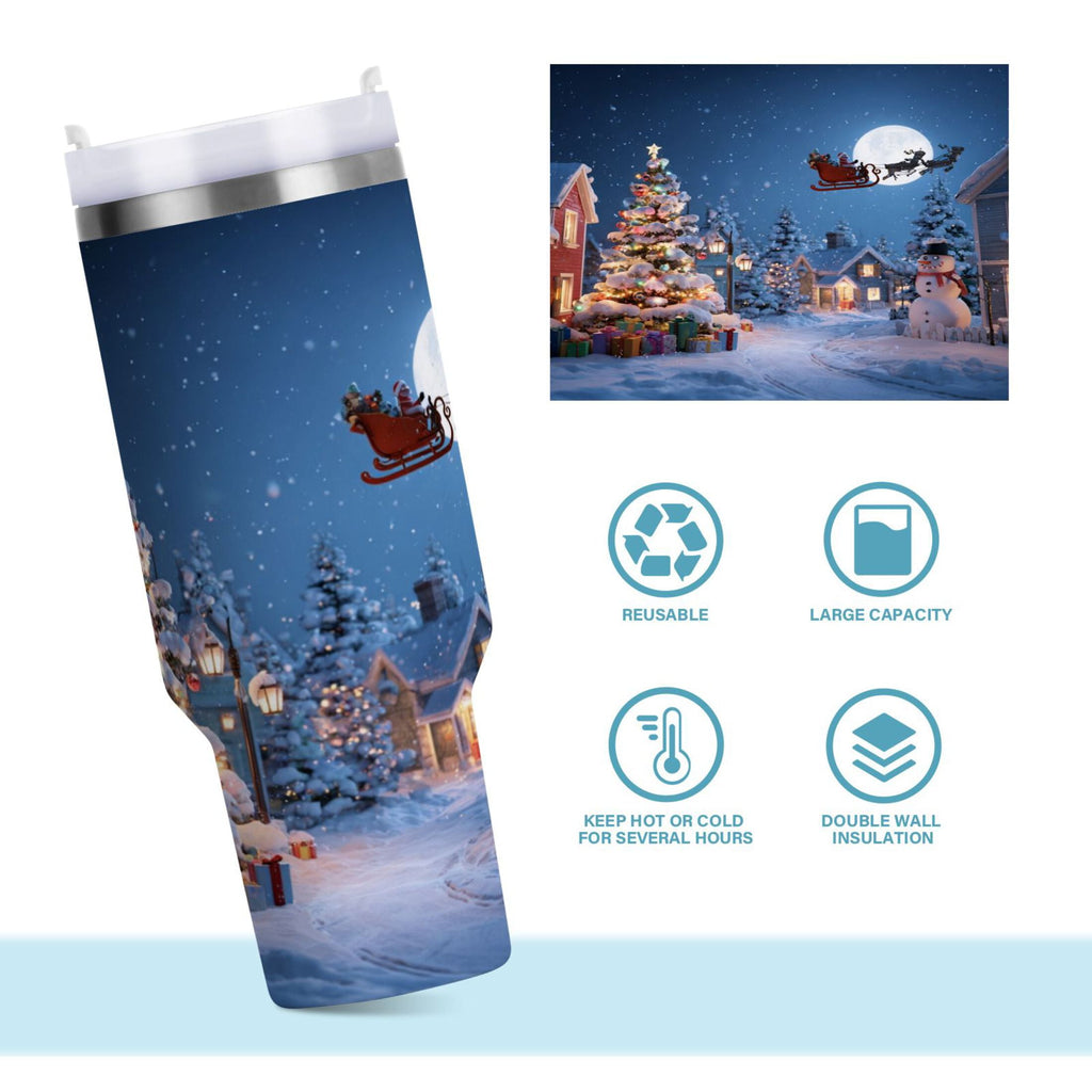 30 oz Insulated Stainless Steel Tumbler Double Wall Stainless Steel Tumbler with 2-Way Drinking Christmas Night Scene - FHAM