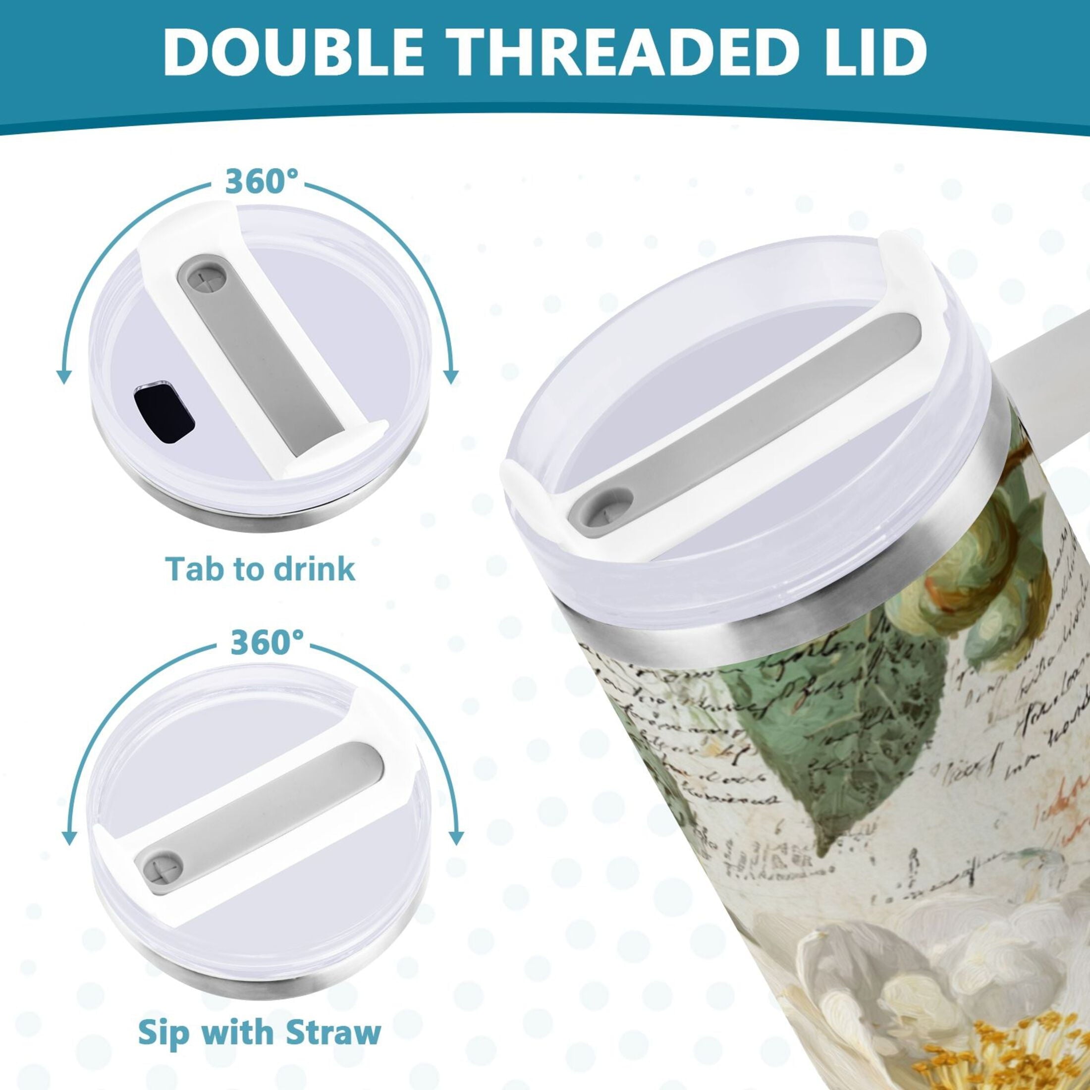 40 oz Insulated Stainless Steel Tumbler Double Wall Stainless Steel Tumbler with 2-Way Drinking Vintage White Camellias - 6YK0