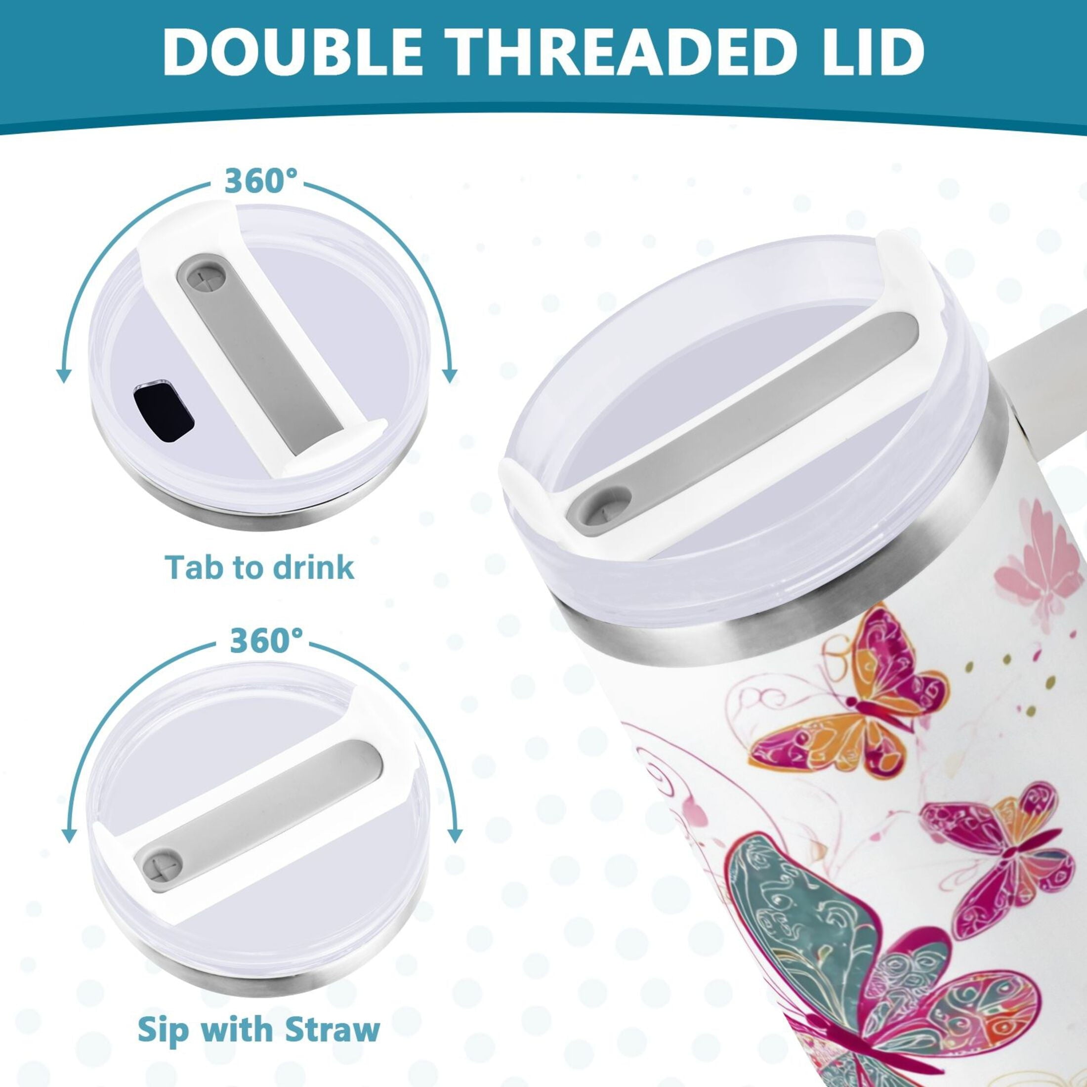 30 oz Insulated Stainless Steel Tumbler Double Wall Stainless Steel Tumbler with 2-Way Drinking Colorful Butterflies - VH11